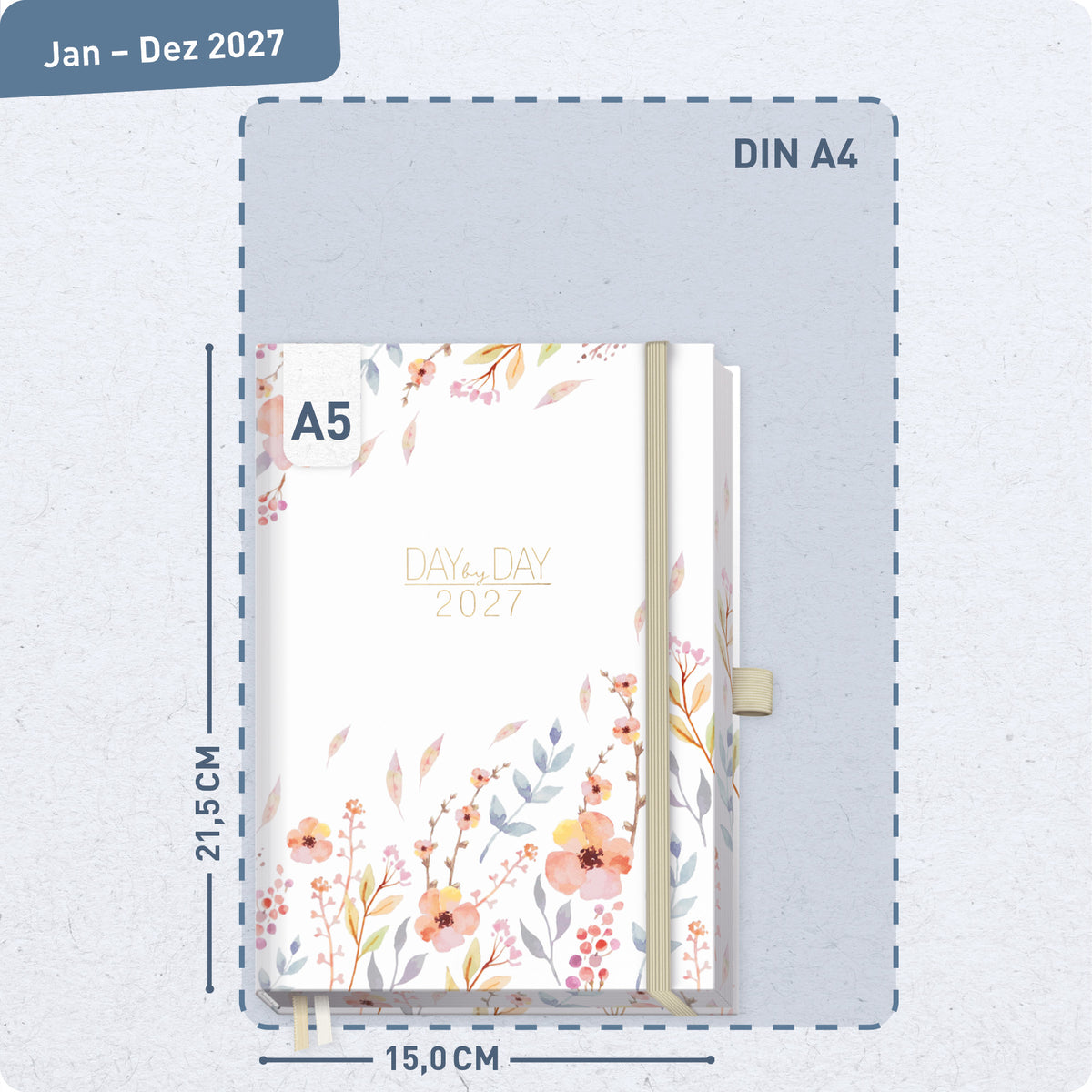 Format- und Größenansicht von Häfft Tageskalender 2027 A5 - Organizer Day by Day Deluxe im Motiv „Sweet Flowers“.