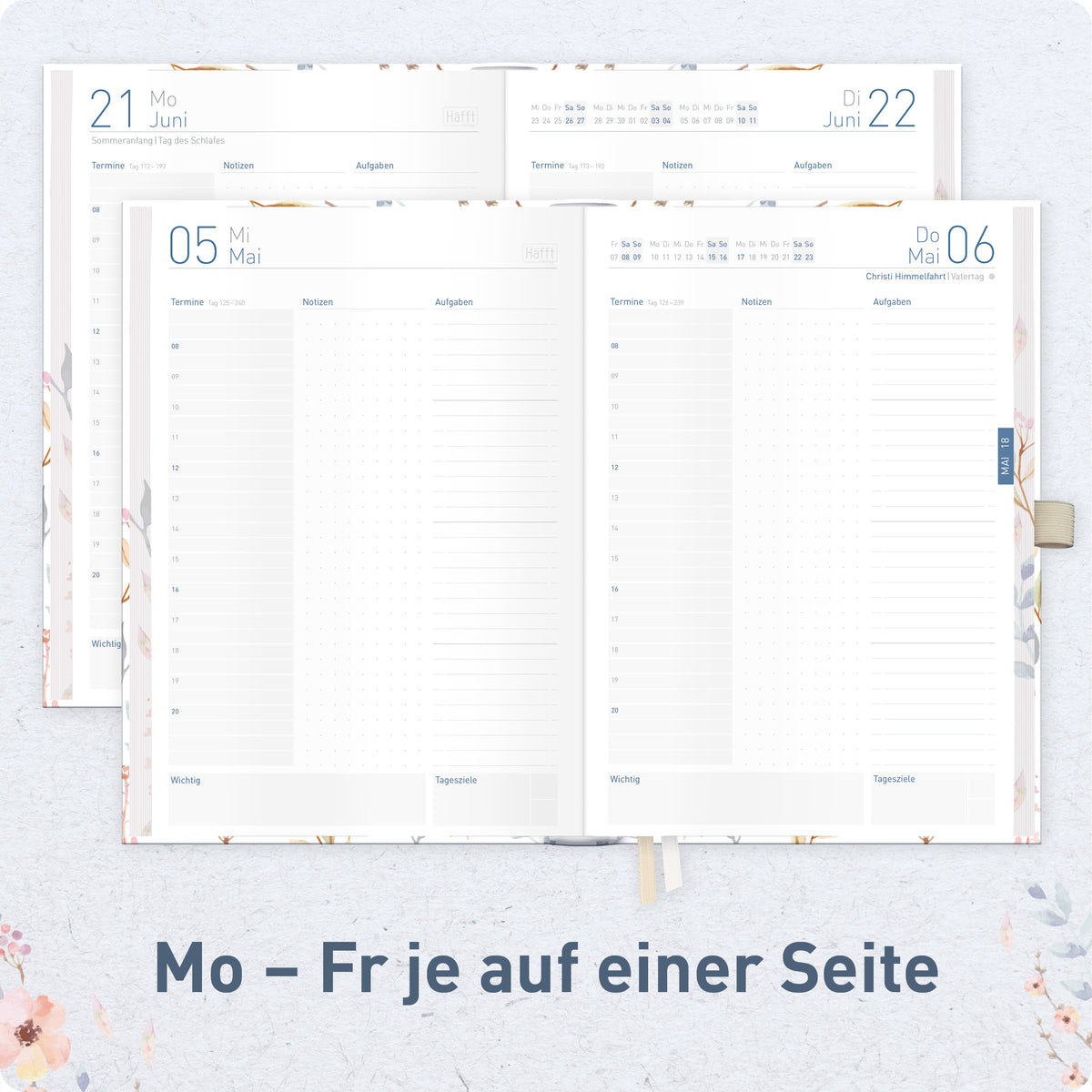 Innenansicht von Häfft Tageskalender 2027 A5 - Organizer Day by Day Deluxe im Motiv „Sweet Flowers“ mit Tagesplanung und Zeitraster.