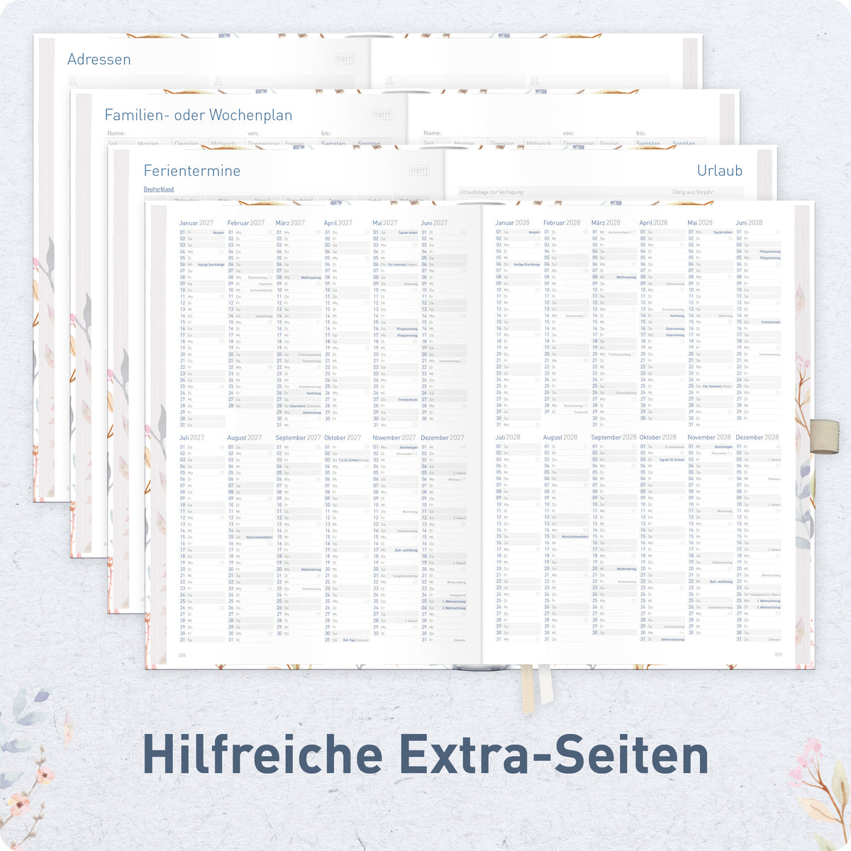Zusatzseiten von Häfft Tageskalender 2027 A5 - Organizer Day by Day Deluxe im Motiv „Sweet Flowers“.