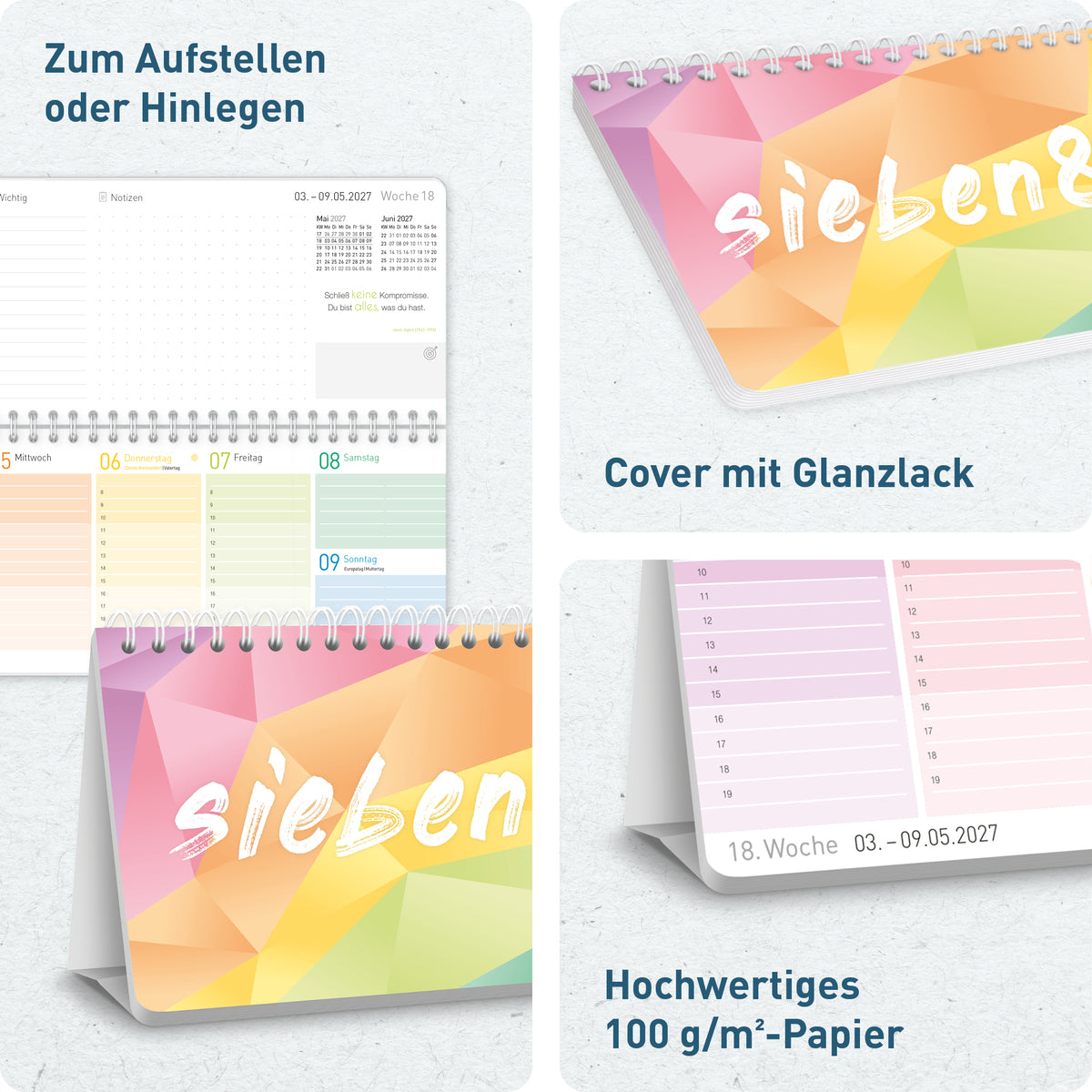 Aufstellfunktion & Ausstattung von Häfft Wochen-Tischkalender 2027 quer zum Aufstellen - für DE & AT.