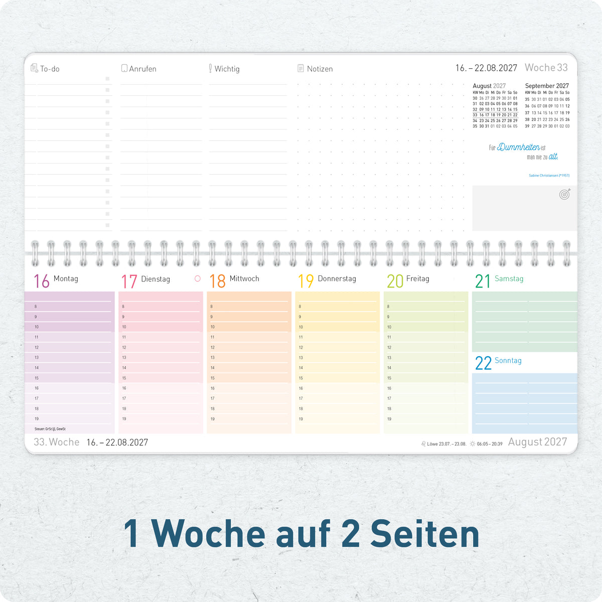 Innenansicht von Häfft Wochen-Tischkalender 2027 quer zum Aufstellen - für DE & AT mit einer Woche auf zwei Seiten.