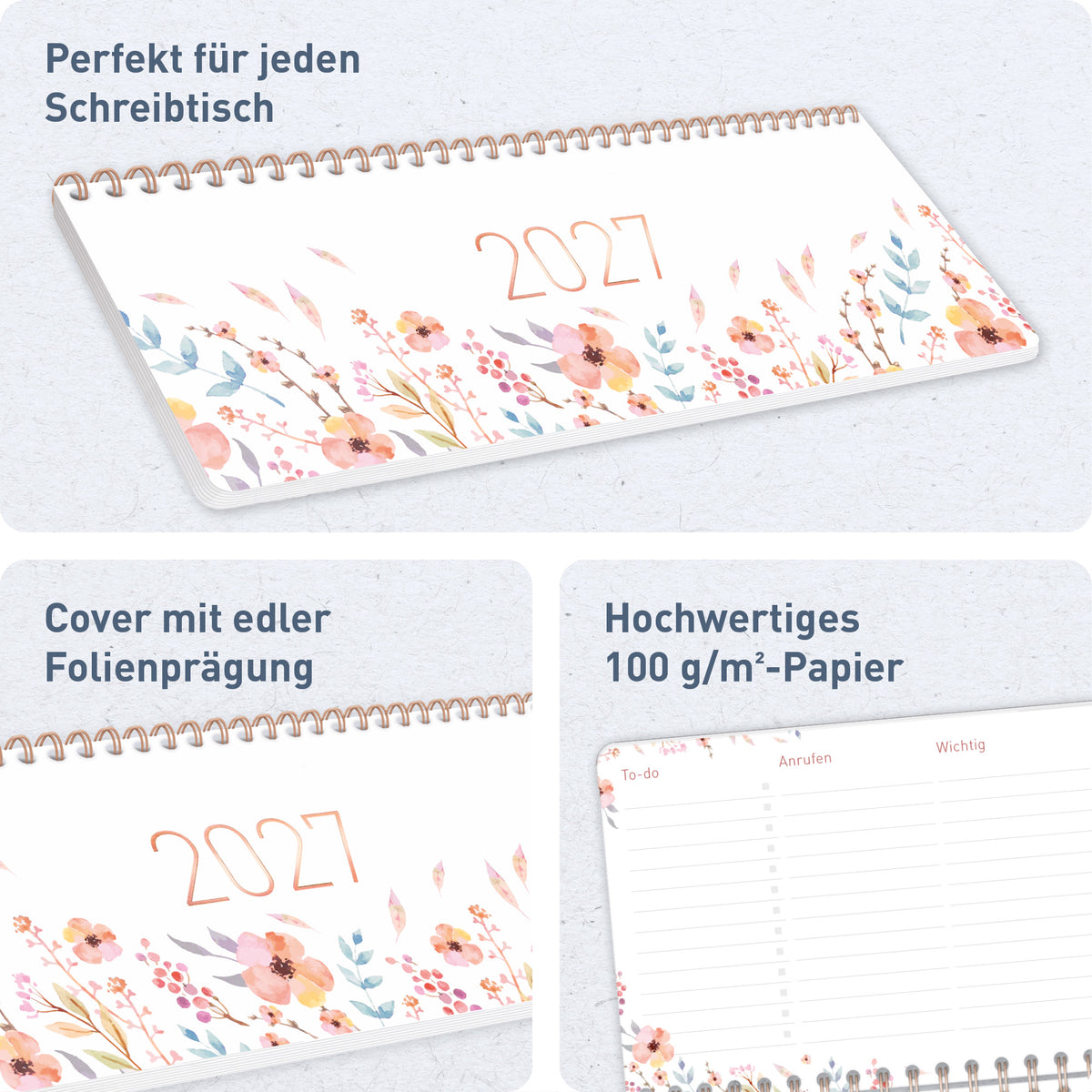 Aufstellfunktion & Ausstattung von Häfft Wochen-Tischkalender 2027 quer - für DE & AT im Motiv „Sweet Flowers“.