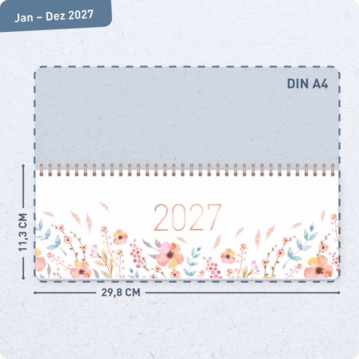 Format- und Größenansicht von Häfft Wochen-Tischkalender 2027 quer - für DE & AT im Motiv „Sweet Flowers“.