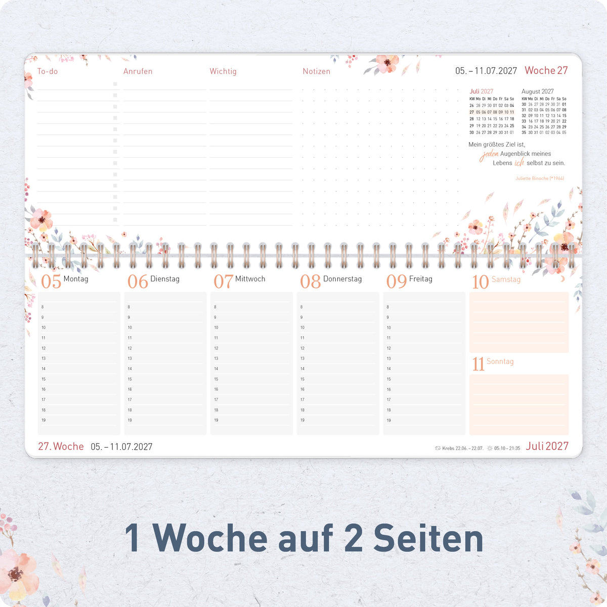 Innenansicht von Häfft Wochen-Tischkalender 2027 quer - für DE & AT im Motiv „Sweet Flowers“ mit einer Woche auf zwei Seiten.