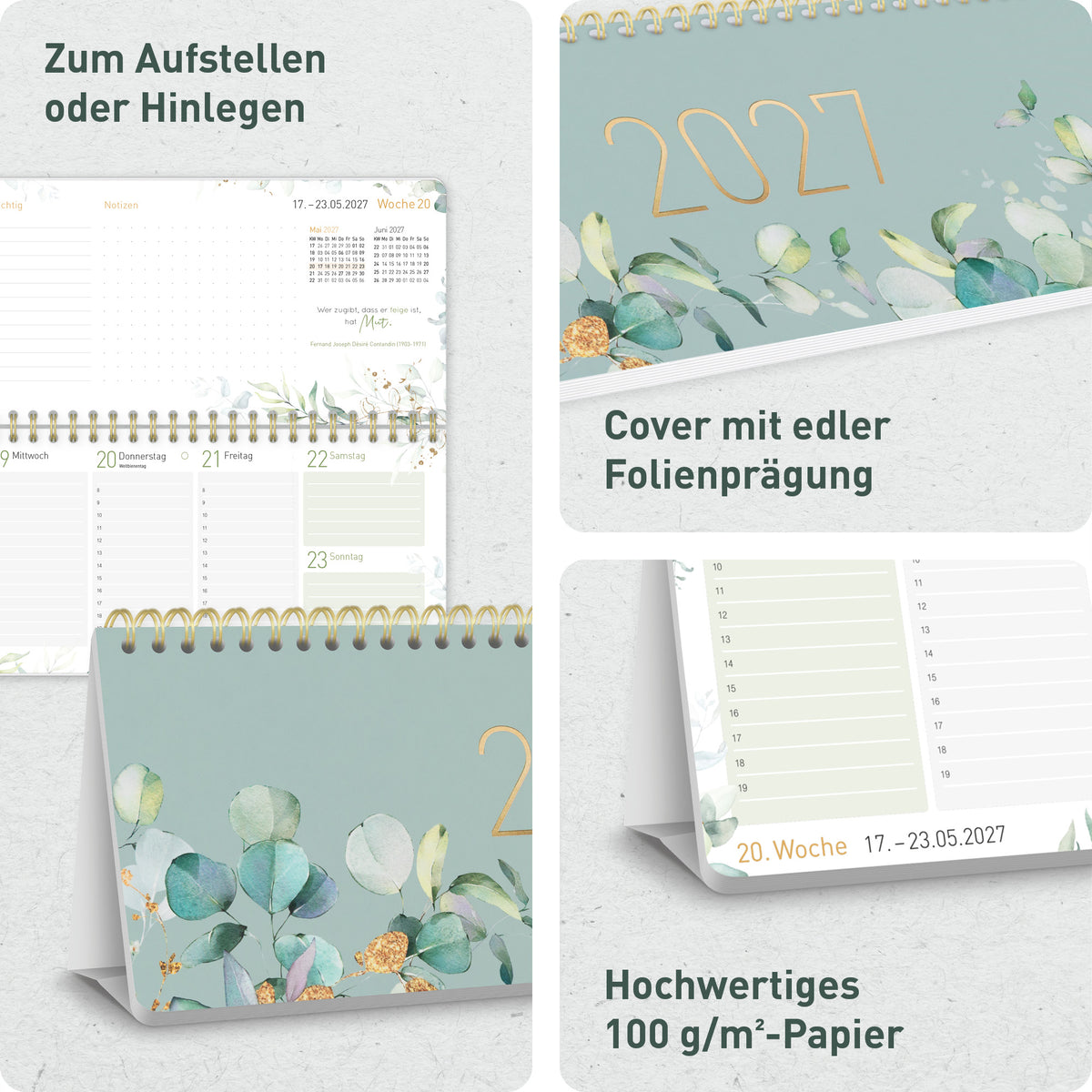 Aufstellfunktion & Ausstattung von Häfft Wochen-Tischkalender 2027 quer zum Aufstellen - für DE & AT.