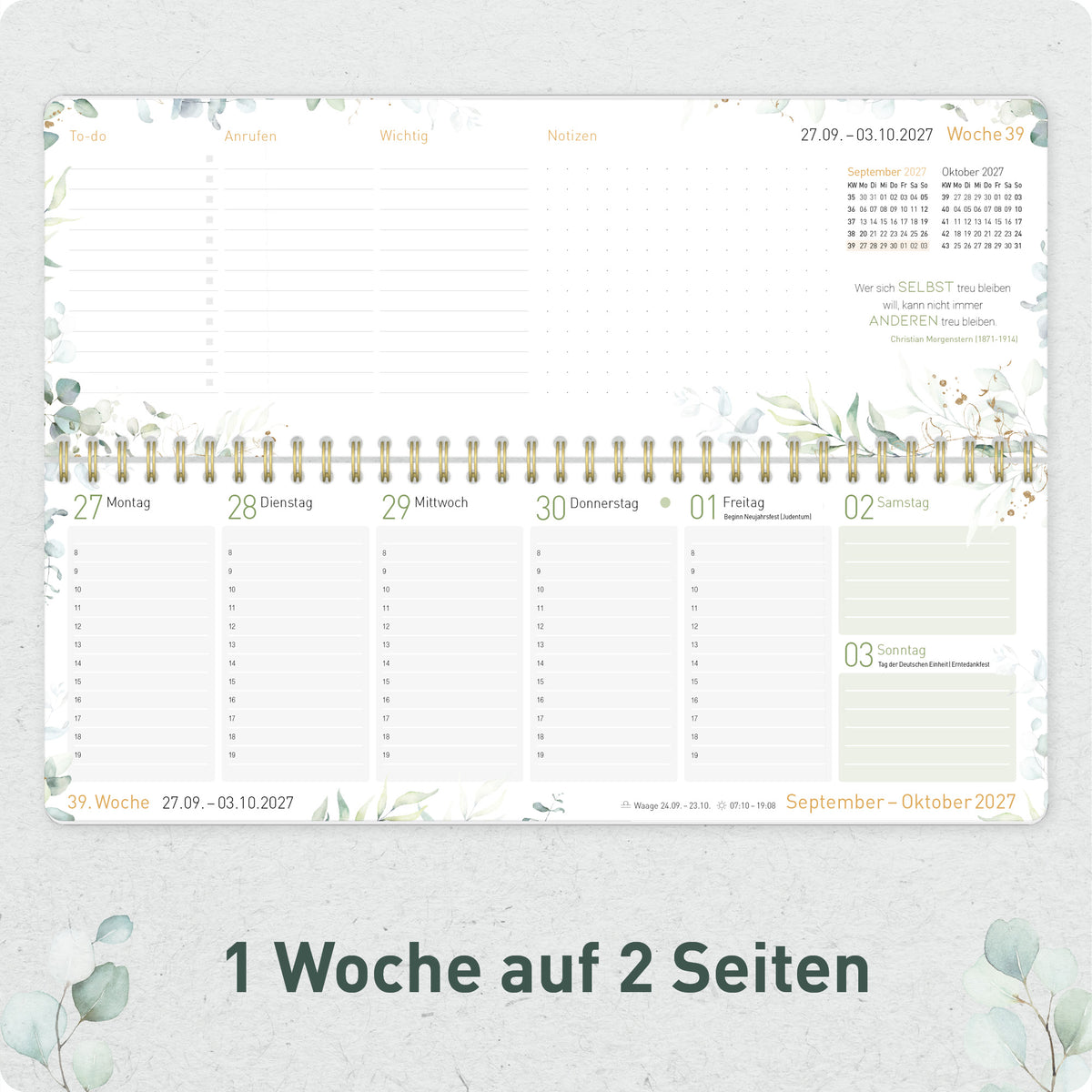 Innenansicht von Häfft Wochen-Tischkalender 2027 quer zum Aufstellen - für DE & AT mit einer Woche auf zwei Seiten.
