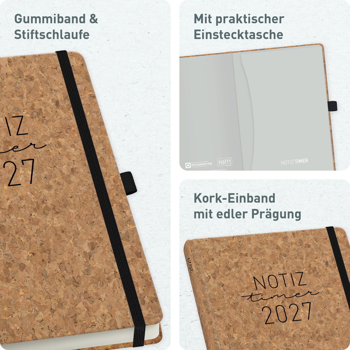 Einband & Ausstattung von Häfft Wochen-Notiz-Kalender 2027 A5 - Planer & Notizbuch im Motiv „Kork“.