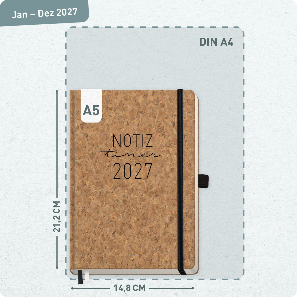 Format- und Größenansicht von Häfft Wochen-Notiz-Kalender 2027 A5 - Planer & Notizbuch im Motiv „Kork“.