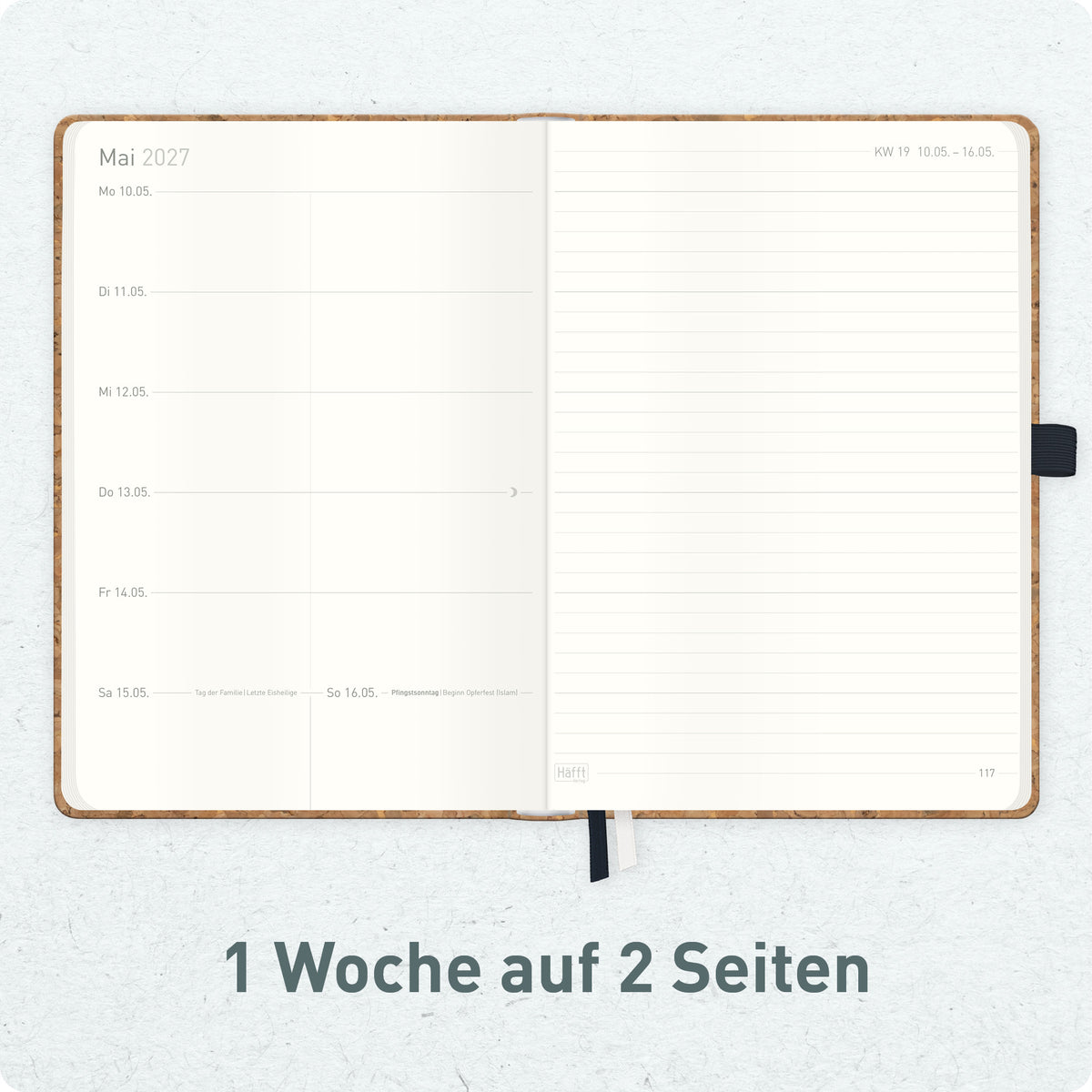 Wochenplanung & Notizen von Häfft Wochen-Notiz-Kalender 2027 A5 - Planer & Notizbuch im Motiv „Kork“.