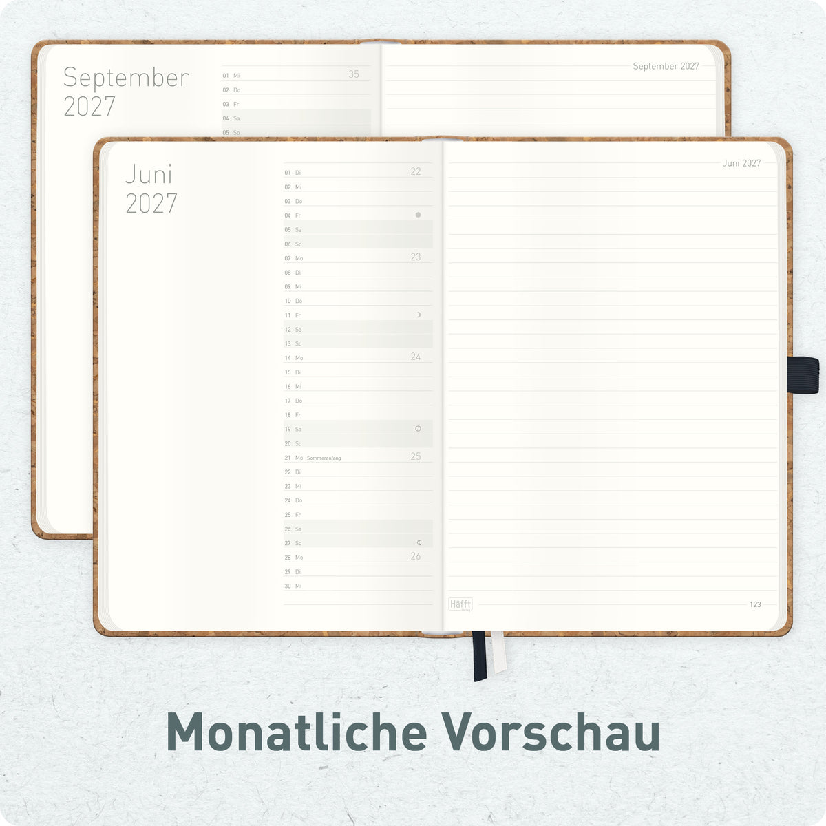 Innenansicht von Häfft Wochen-Notiz-Kalender 2027 A5 - Planer & Notizbuch im Motiv „Kork“ mit Monatsübersicht.