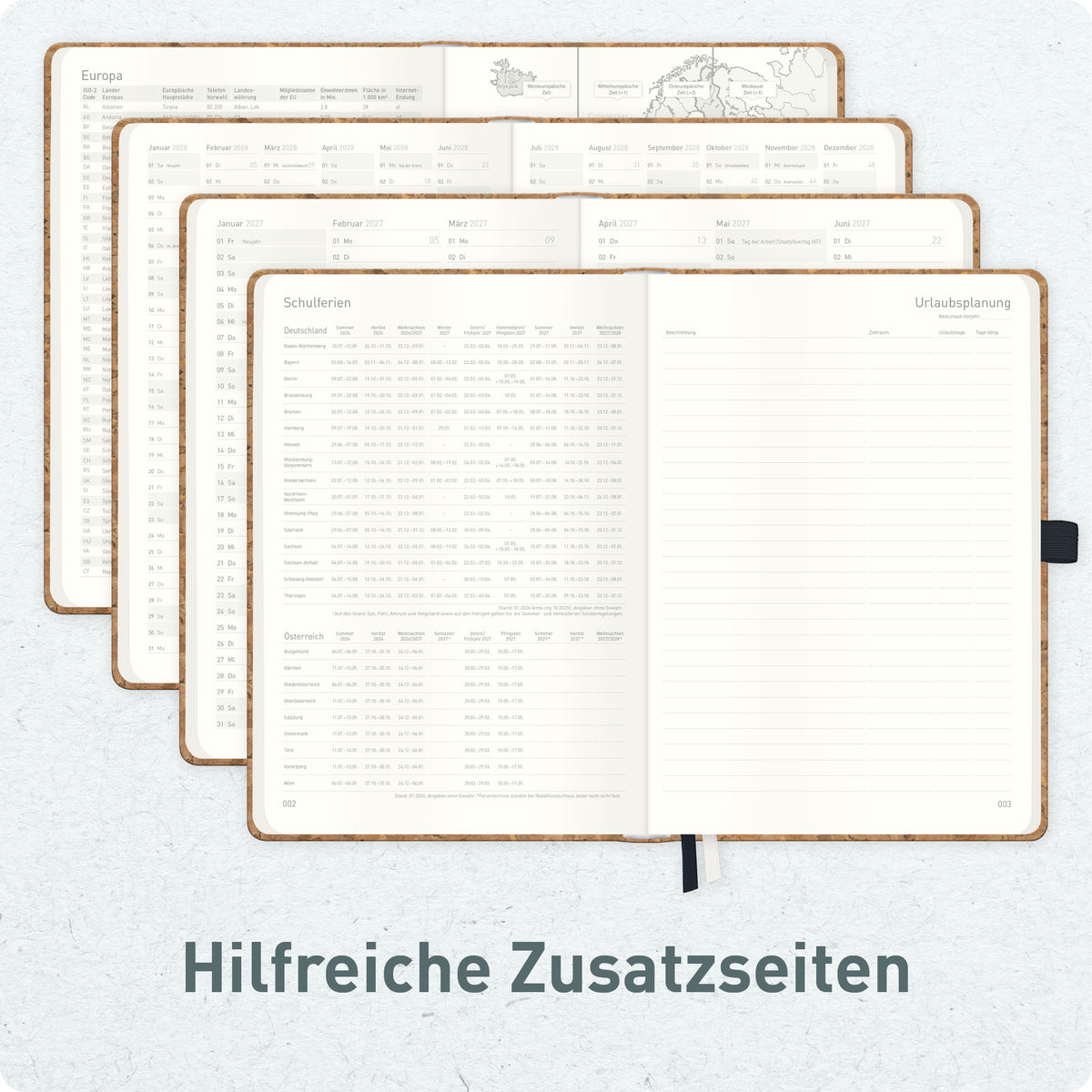 Zusatzseiten von Häfft Wochen-Notiz-Kalender 2027 A5 - Planer & Notizbuch im Motiv „Kork“.
