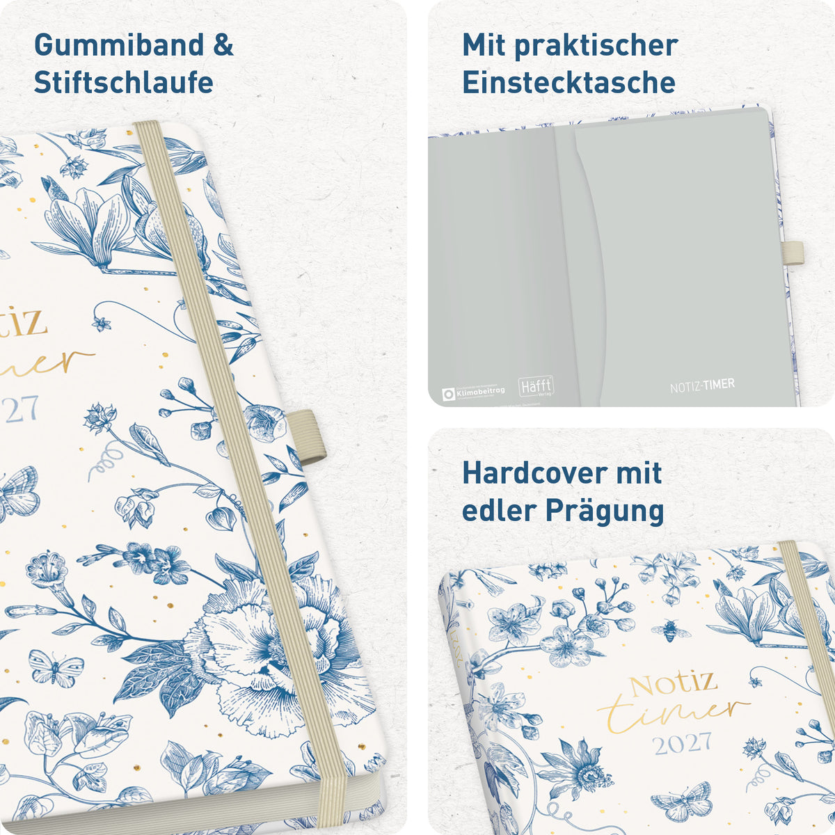 Einband & Ausstattung von Häfft Wochen-Notiz-Kalender 2027 A5 - Planer & Notizbuch im Motiv „Fine Style“.