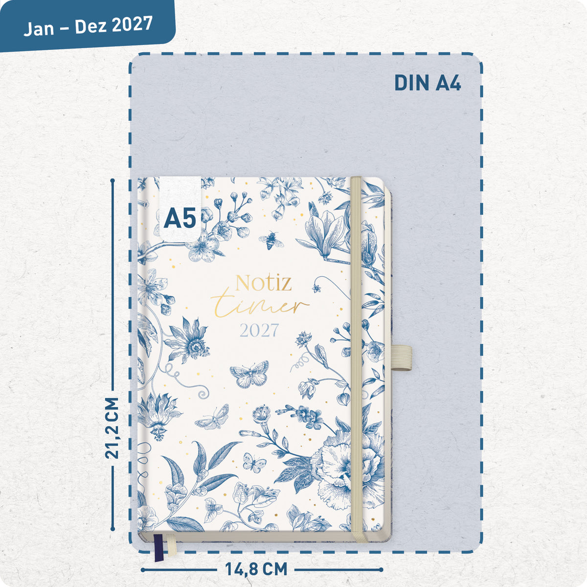 Format- und Größenansicht von Häfft Wochen-Notiz-Kalender 2027 A5 - Planer & Notizbuch im Motiv „Fine Style“.