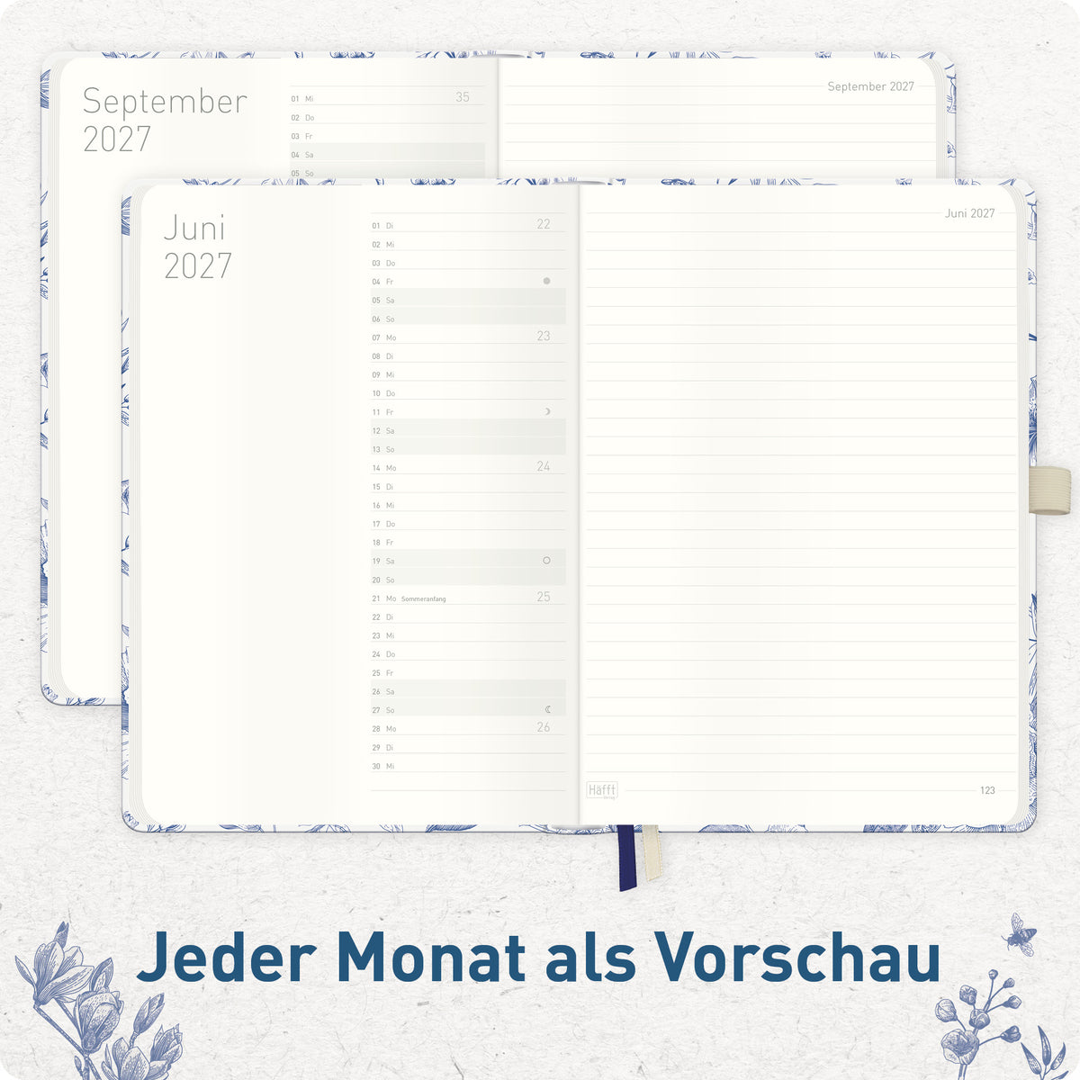 Innenansicht von Häfft Wochen-Notiz-Kalender 2027 A5 - Planer & Notizbuch im Motiv „Fine Style“ mit Monatsübersicht.