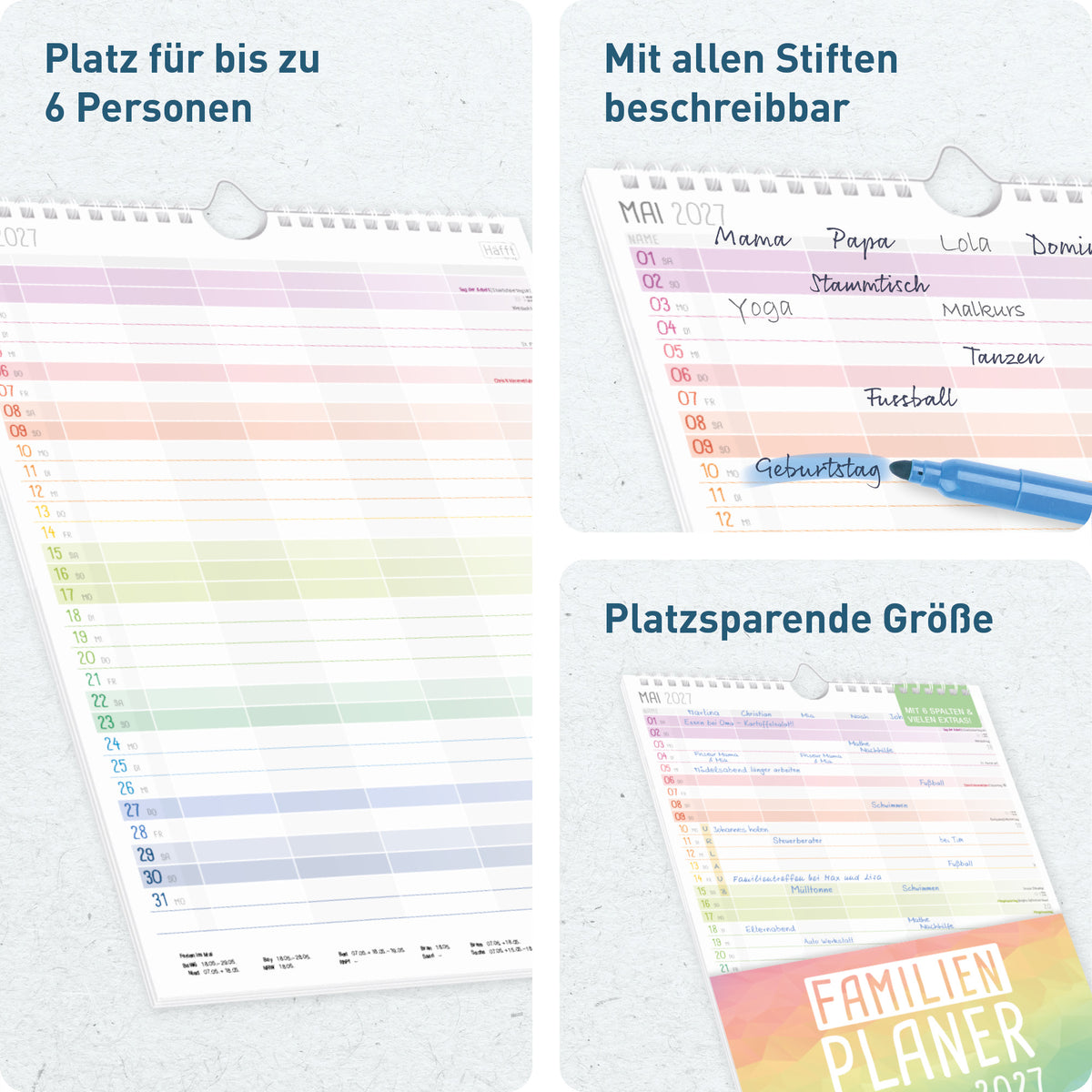 6 Spalten für Familienmitglieder von Häfft Familienplaner 2027 mit 6 Spalten - Wandkalender im Motiv „Rainbow“.