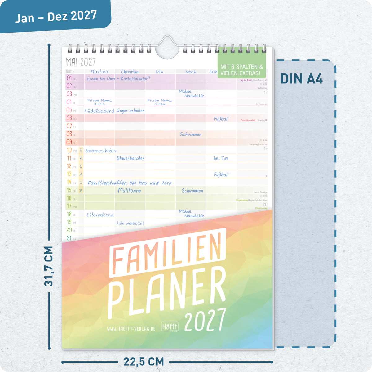 Format- und Größenansicht von Häfft Familienplaner 2027 mit 6 Spalten - Wandkalender im Motiv „Rainbow“.