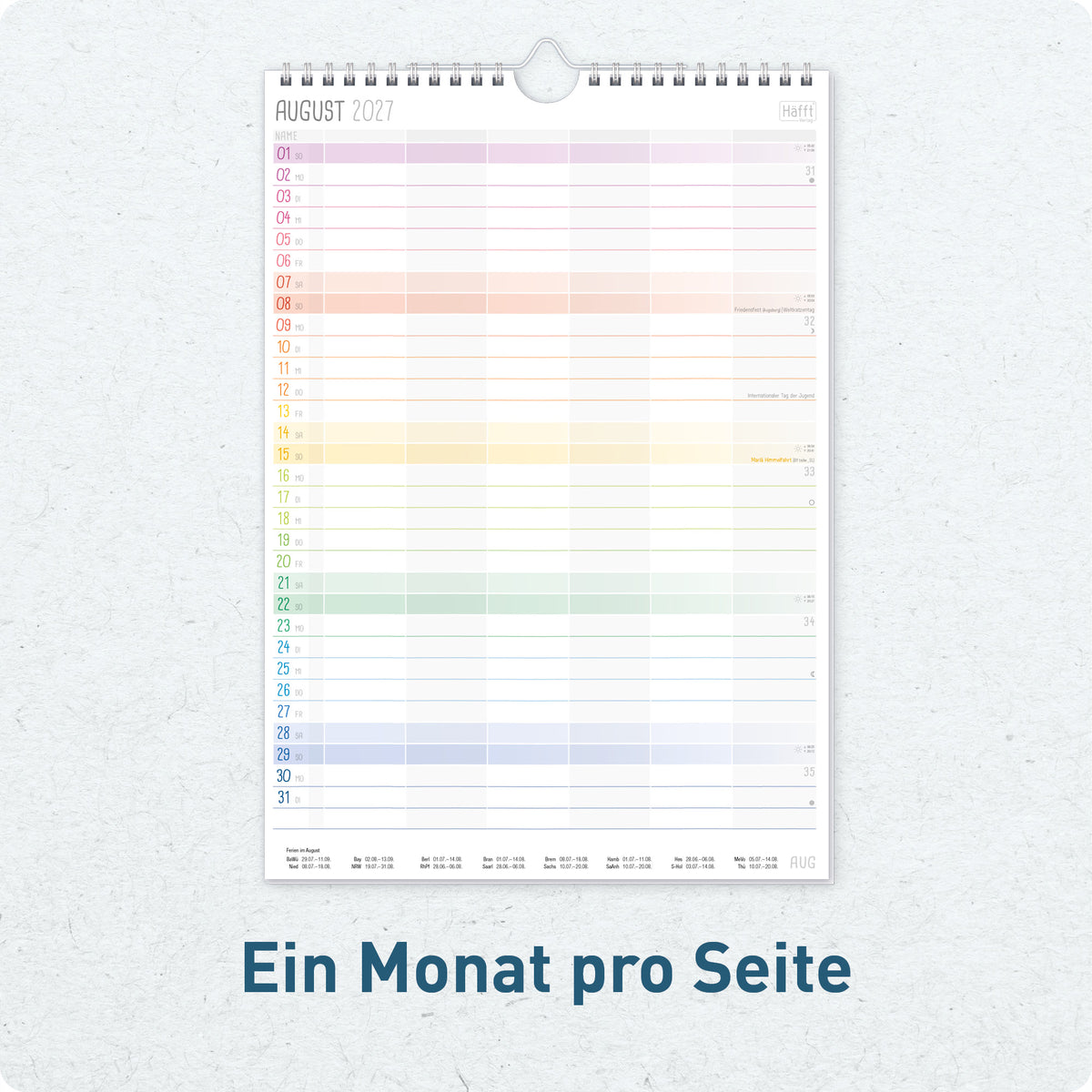 Innenansicht von Häfft Familienplaner 2027 mit 6 Spalten - Wandkalender im Motiv „Rainbow“ mit Monatsplanung.