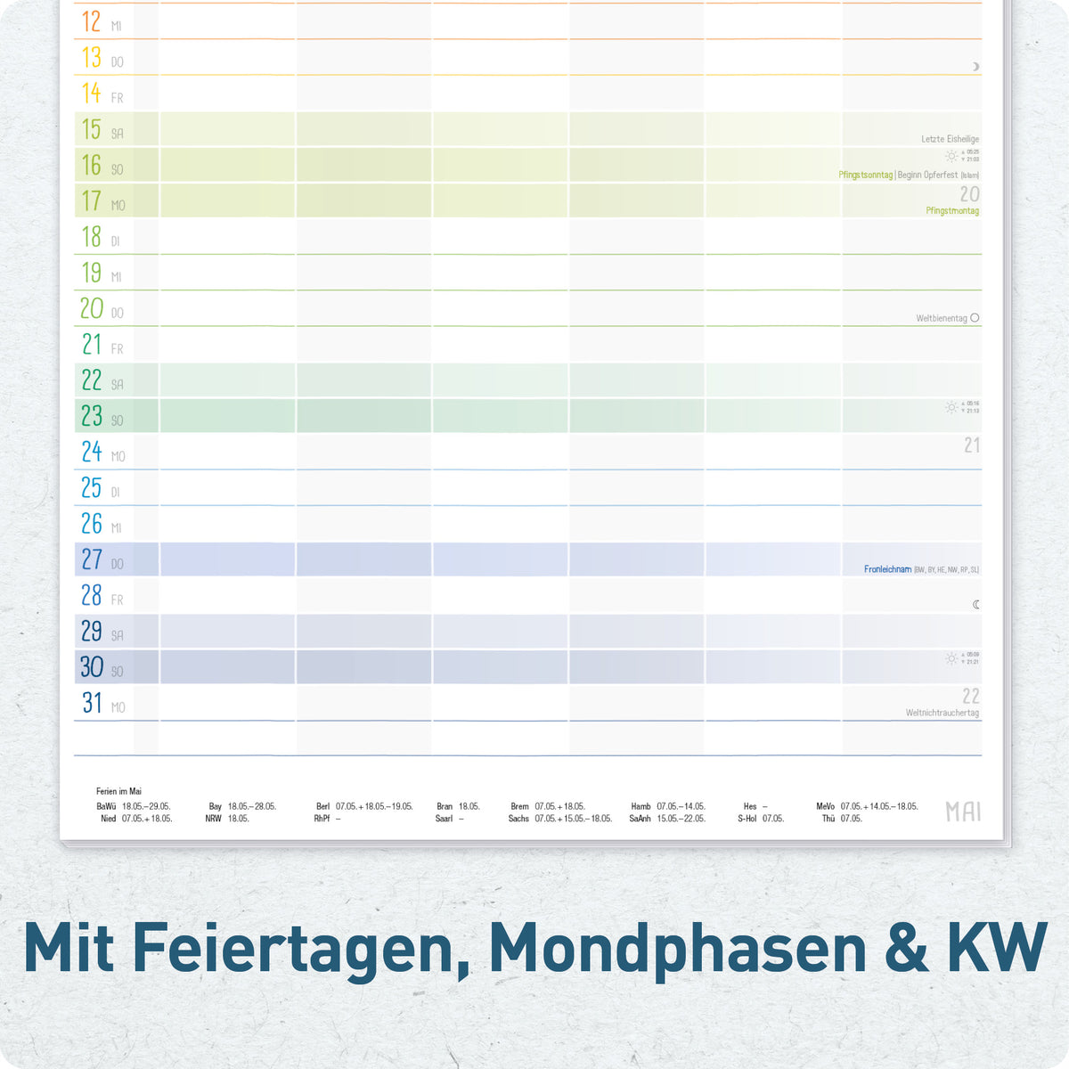 Feiertage & Kalenderwochen von Häfft Familienplaner 2027 mit 6 Spalten - Wandkalender im Motiv „Rainbow“.