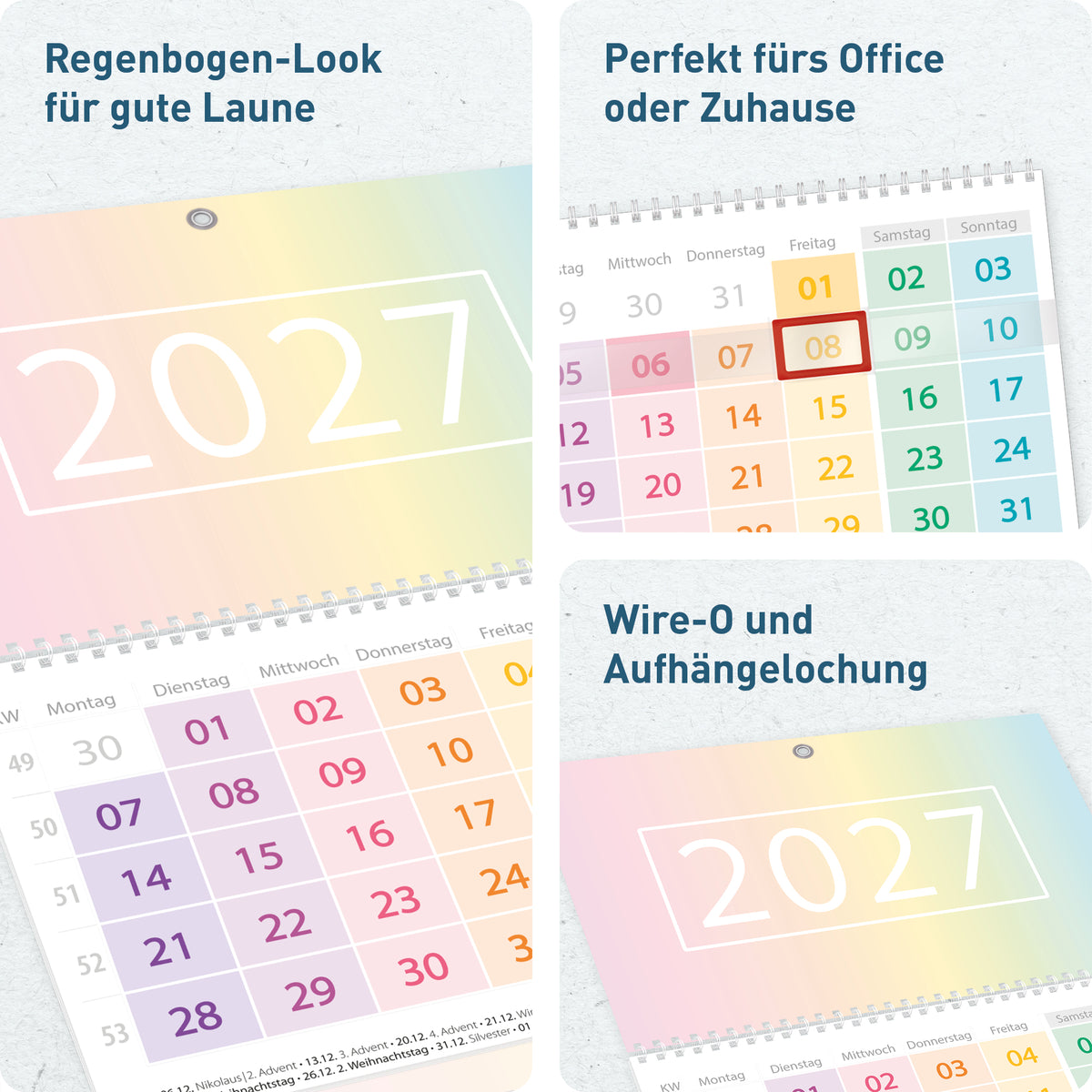 3 Monate im Überblick von Häfft 3-Monatskalender 2027 Wandkalender mit Schieber im Motiv „Rainbow“.