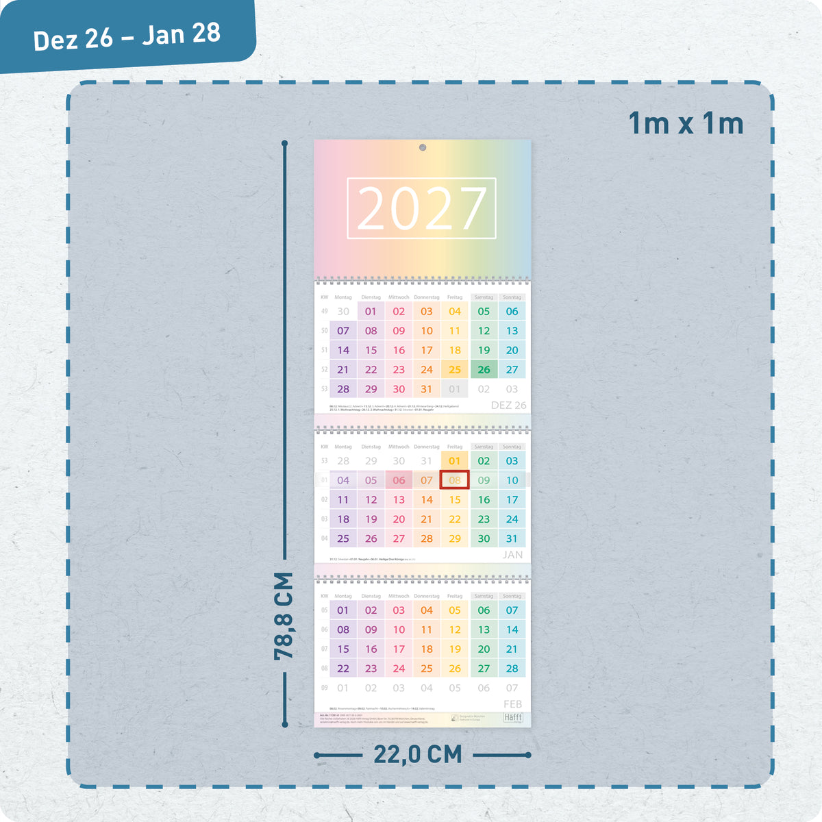 Format & Datumsschieber von Häfft 3-Monatskalender 2027 Wandkalender mit Schieber im Motiv „Rainbow“.