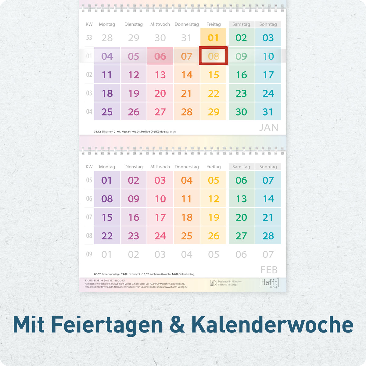 Dreimonatsansicht von Häfft 3-Monatskalender 2027 Wandkalender mit Schieber im Motiv „Rainbow“.