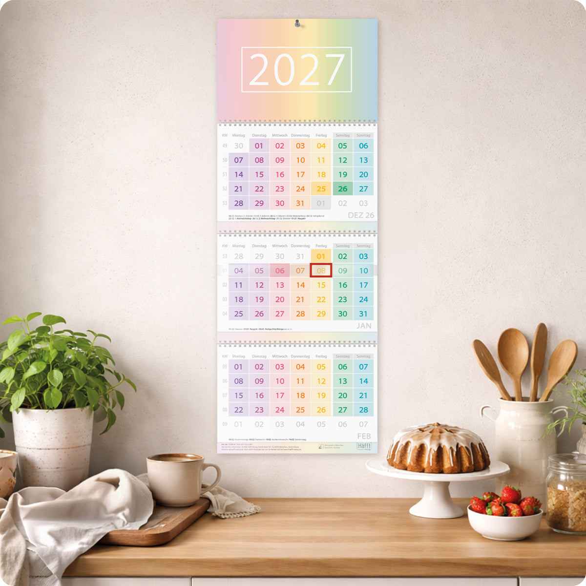 Monatsplanung im Detail von Häfft 3-Monatskalender 2027 Wandkalender mit Schieber im Motiv „Rainbow“.