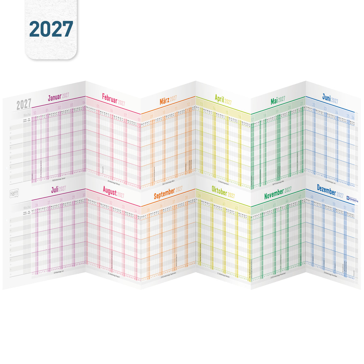 Coveransicht von Häfft Urlaubsplaner 2027 Mitarbeiter A4 Faltkalender im Motiv „Rainbow“.