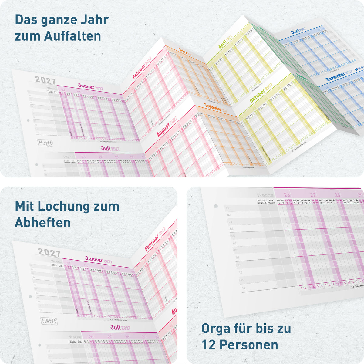 Jahres- & Urlaubsplanung von Häfft Urlaubsplaner 2027 Mitarbeiter A4 Faltkalender im Motiv „Rainbow“.