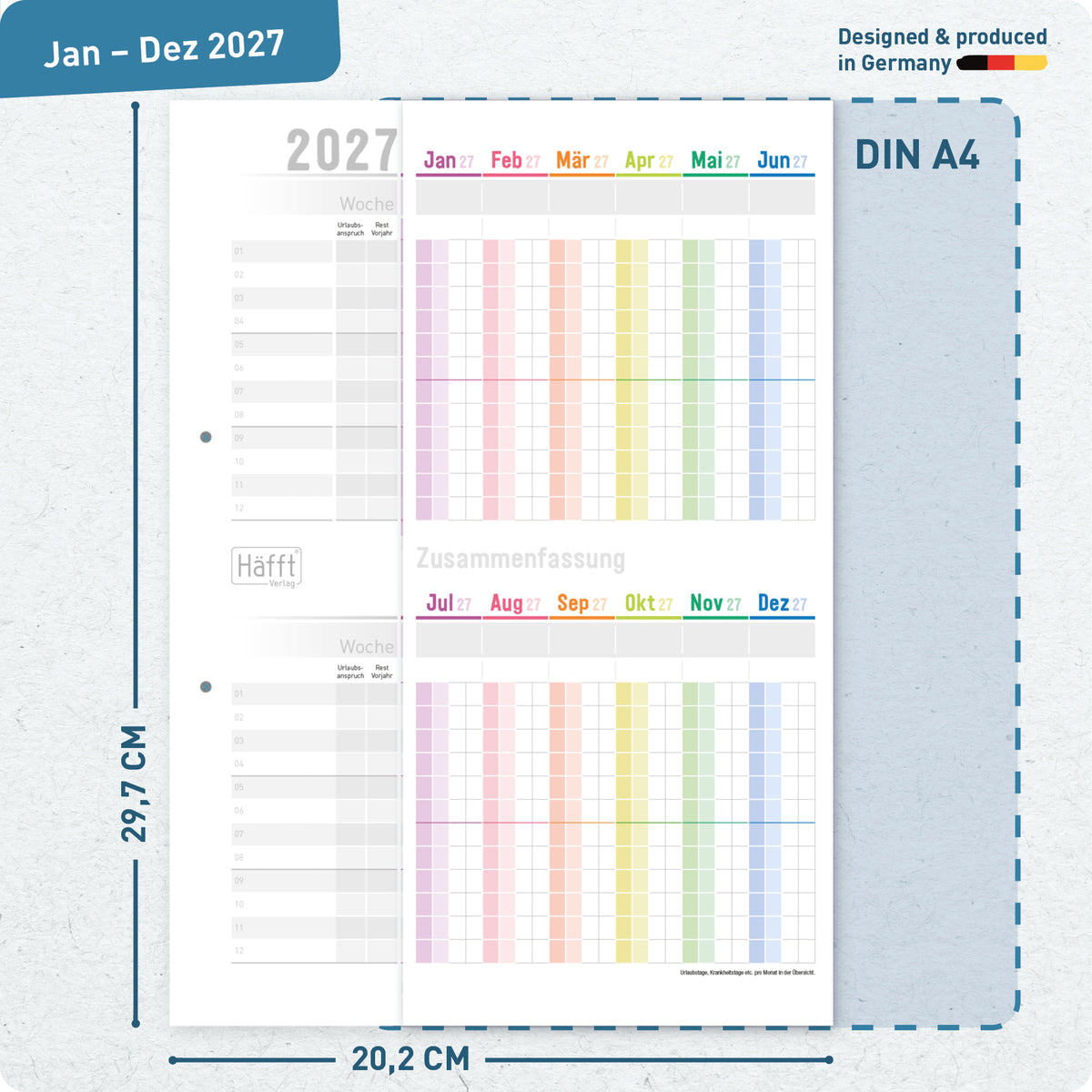 Format & Faltfunktion von Häfft Urlaubsplaner 2027 Mitarbeiter A4 Faltkalender im Motiv „Rainbow“.