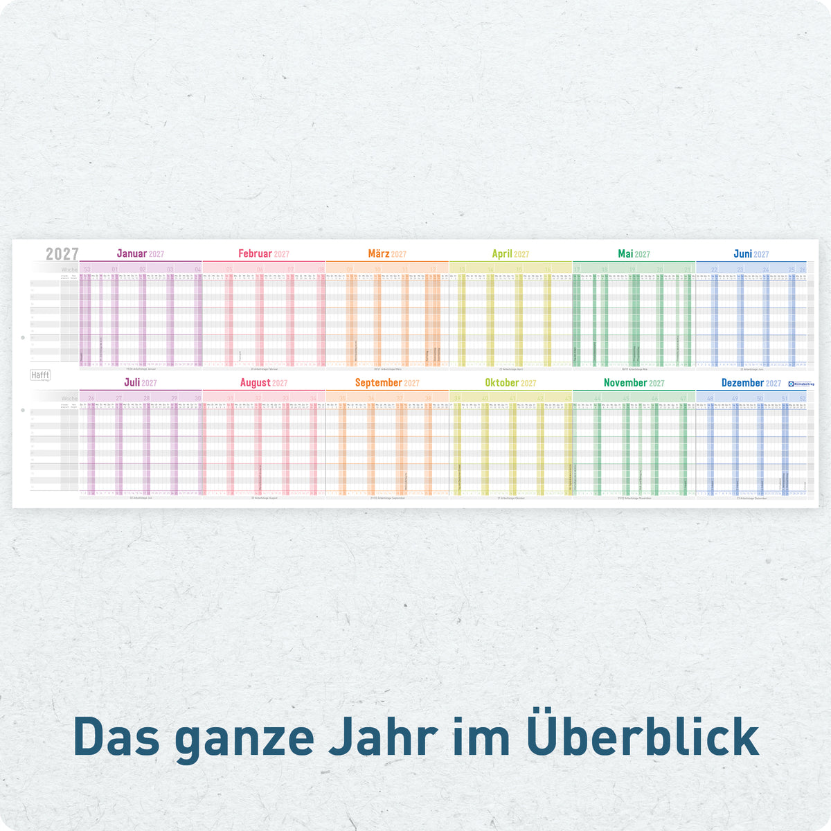 Urlaubsübersicht von Häfft Urlaubsplaner 2027 Mitarbeiter A4 Faltkalender im Motiv „Rainbow“.