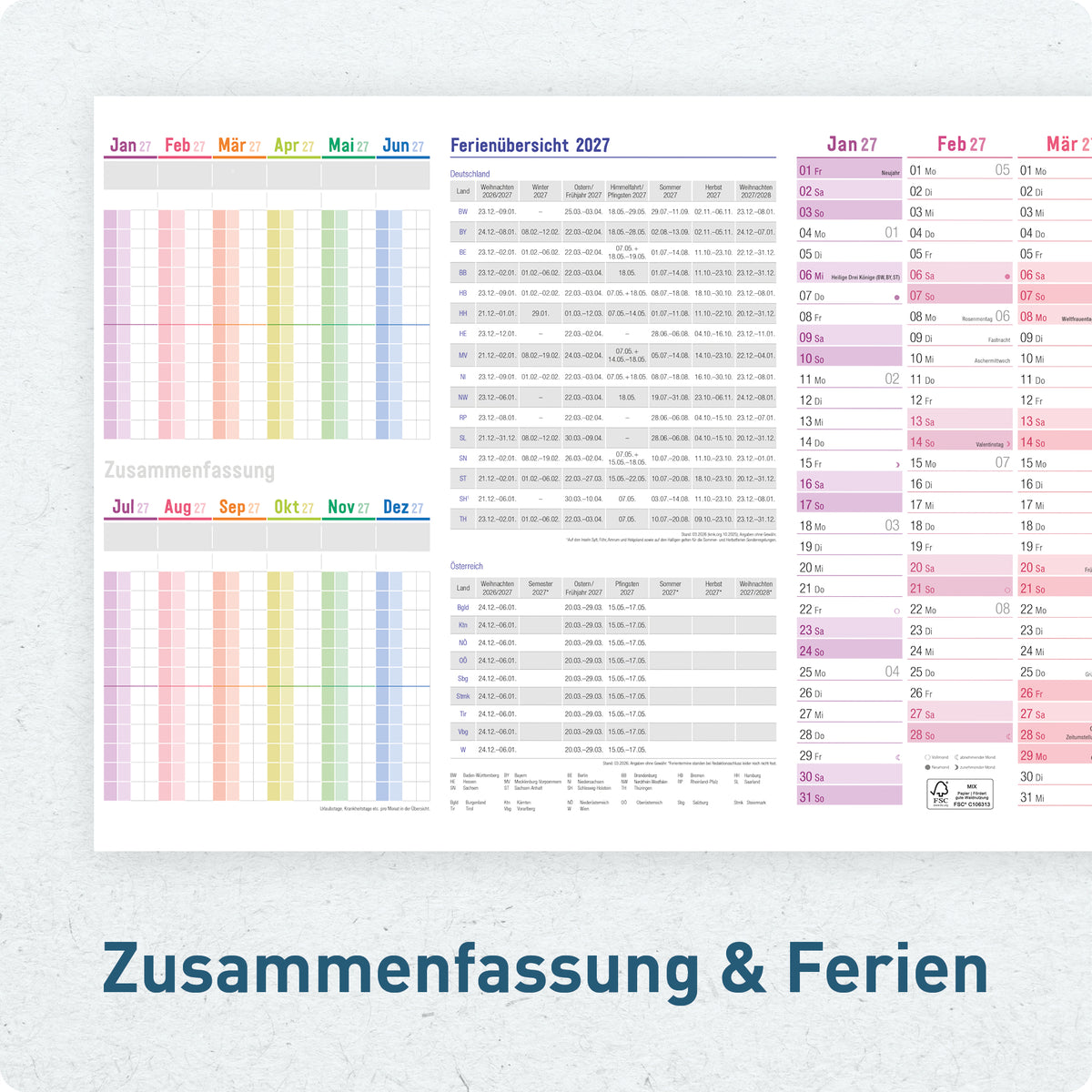 Mitarbeiterplanung von Häfft Urlaubsplaner 2027 Mitarbeiter A4 Faltkalender im Motiv „Rainbow“.