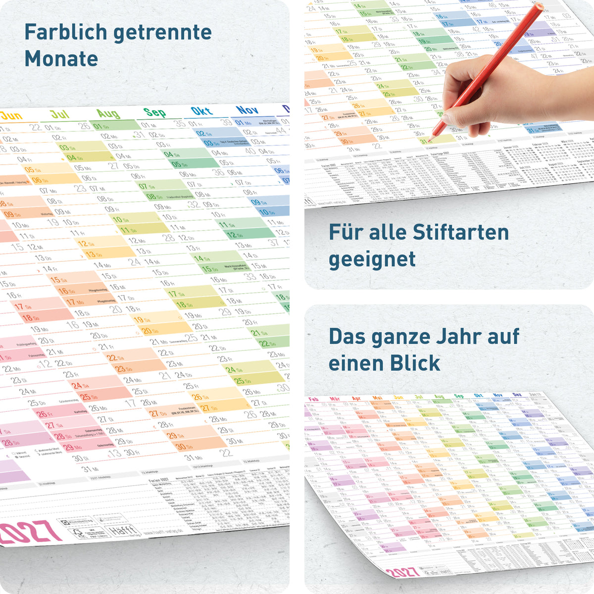 Jahresübersicht von Häfft Wandkalender 2027 A2 quer im Motiv „Rainbow“.