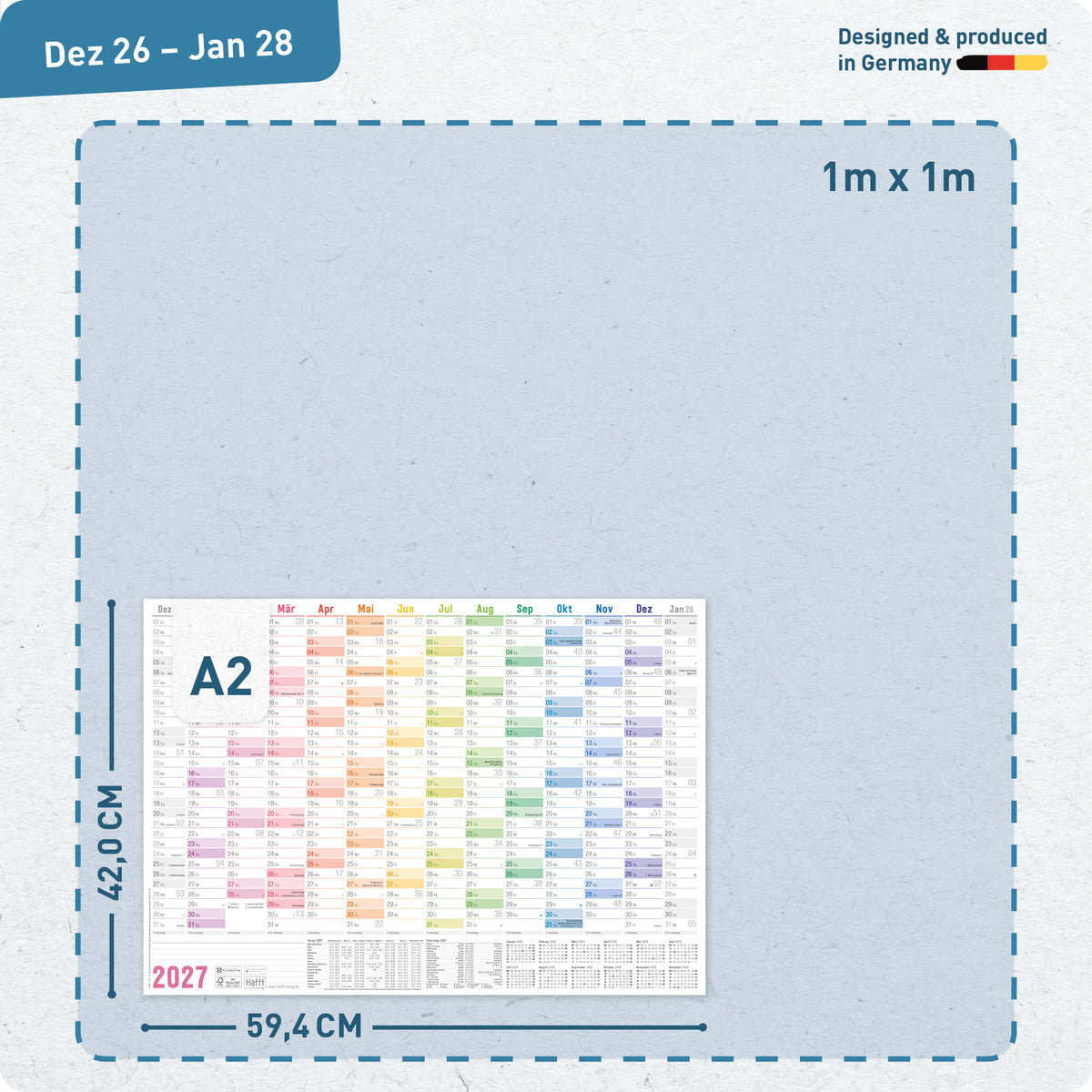 Format- und Größenansicht von Häfft Wandkalender 2027 A2 quer im Motiv „Rainbow“.