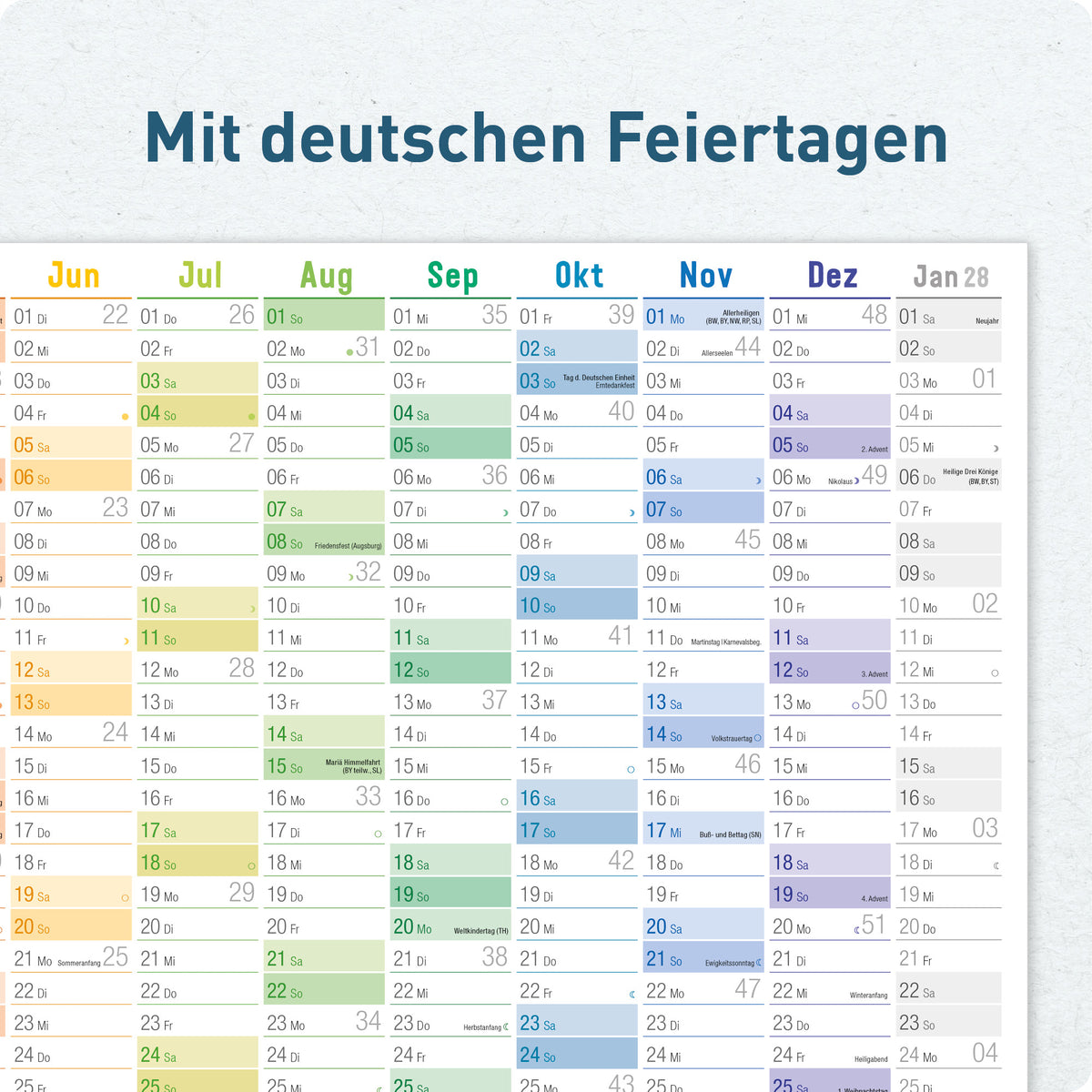 Monats- & Jahresplanung von Häfft Wandkalender 2027 A2 quer im Motiv „Rainbow“.