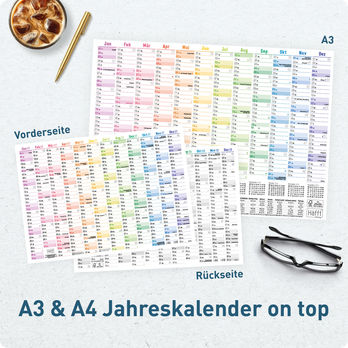 Lifestyle-Ansicht von Häfft Wandkalender 2027 A2 quer im Motiv „Rainbow“ im Einsatz.