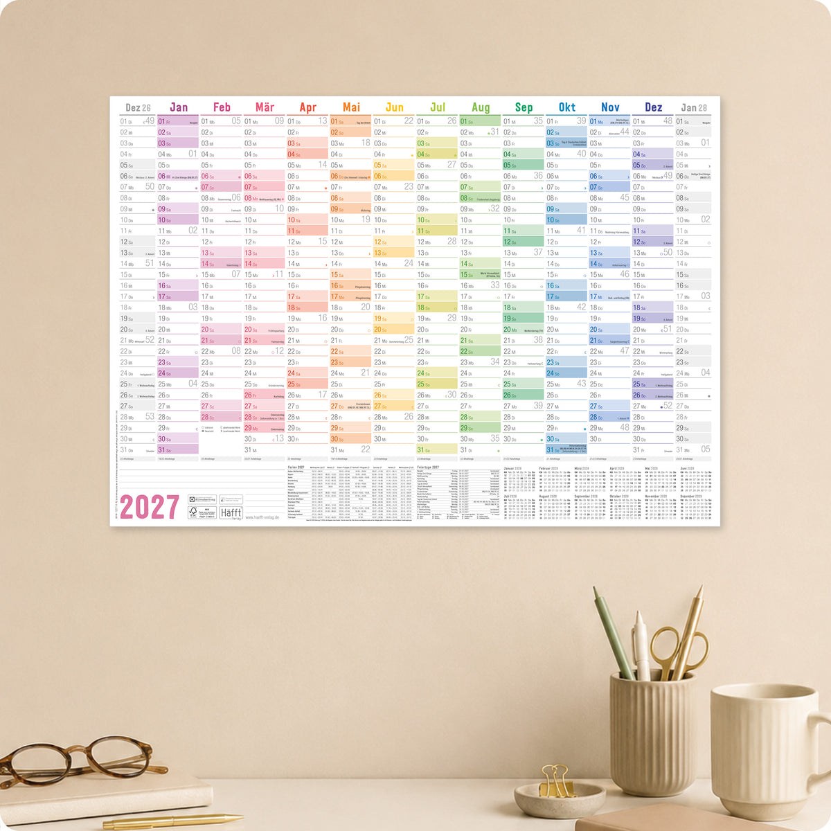 Planungsbeispiel von Häfft Wandkalender 2027 A2 quer im Motiv „Rainbow“.