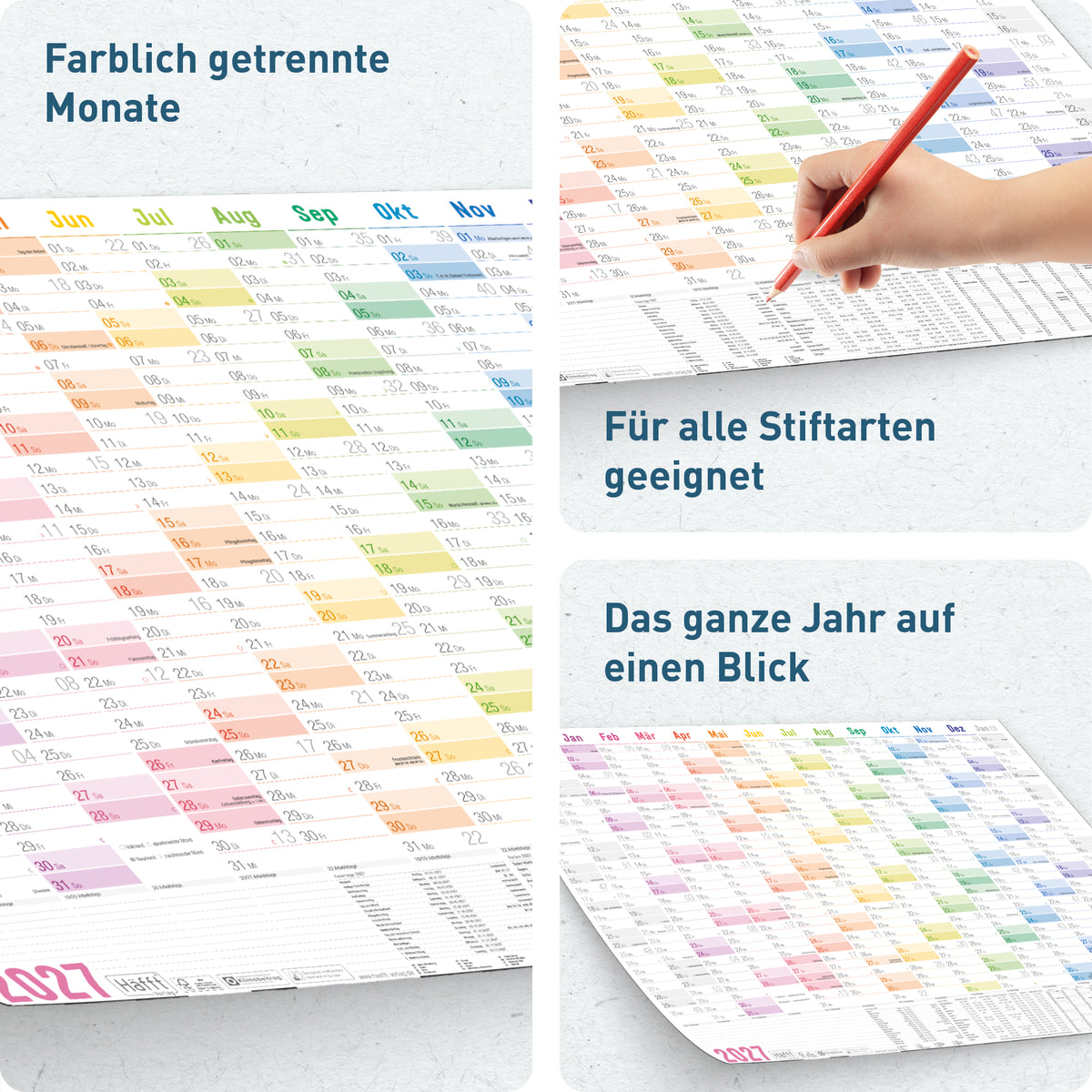 XXL-Jahresübersicht von Häfft XXL Wandkalender 2027 groß A1+ quer im Motiv „Rainbow“.