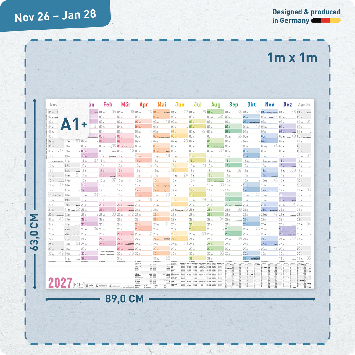 Format- und Größenansicht von Häfft XXL Wandkalender 2027 groß A1+ quer im Motiv „Rainbow“.