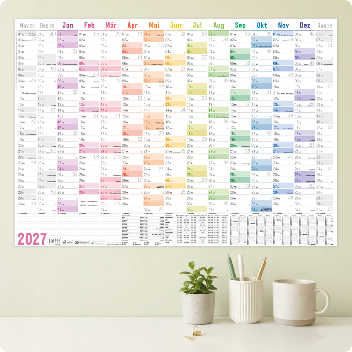 Planungsbeispiel von Häfft XXL Wandkalender 2027 groß A1+ quer im Motiv „Rainbow“.