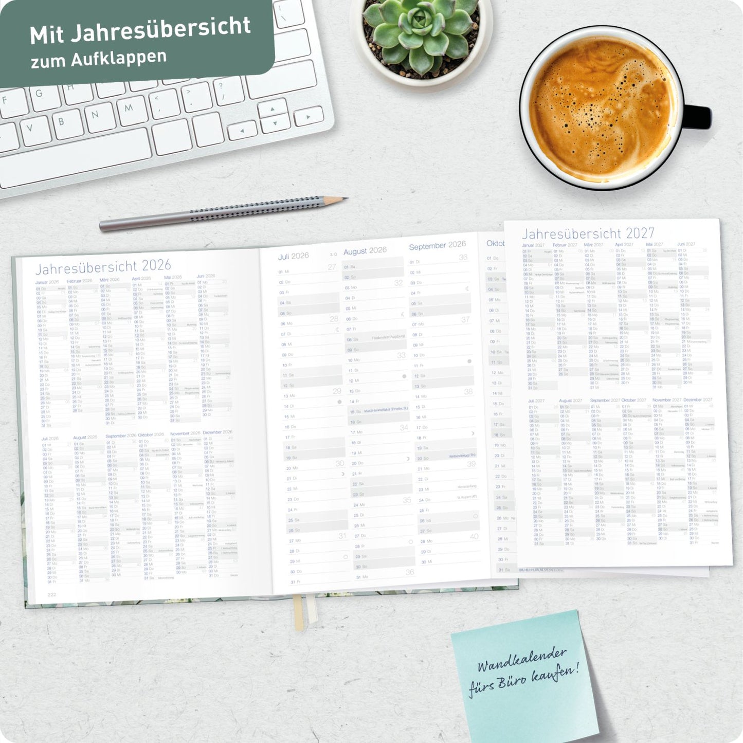 Business-Timer 2026/2027 / 17 Monate / A5 / Minty Leaves / Häfft-Verlag