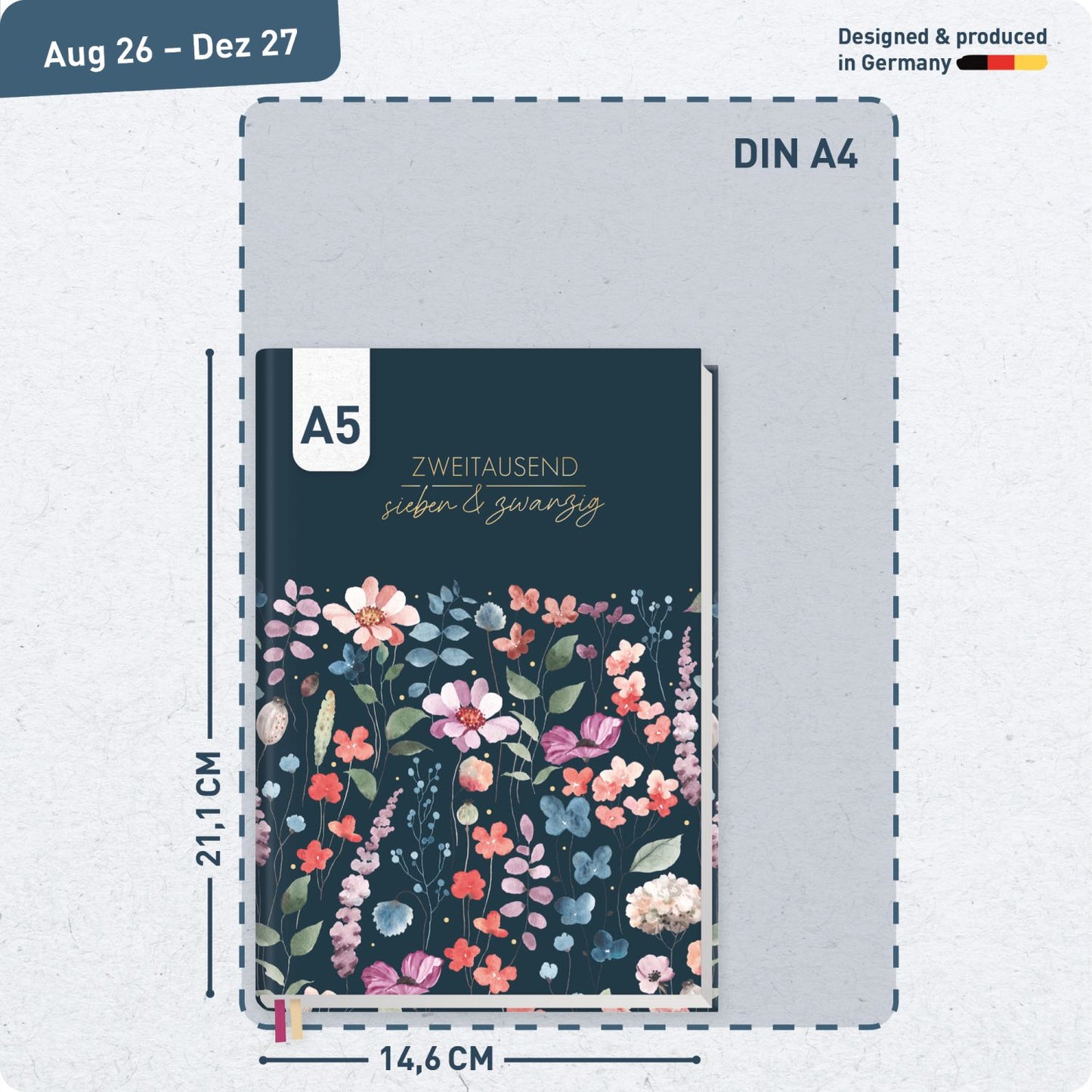 Chäff-Timer 2026/2027 / 17 Monate / A5 / Flower Inspiration blue / Häfft-Verlag