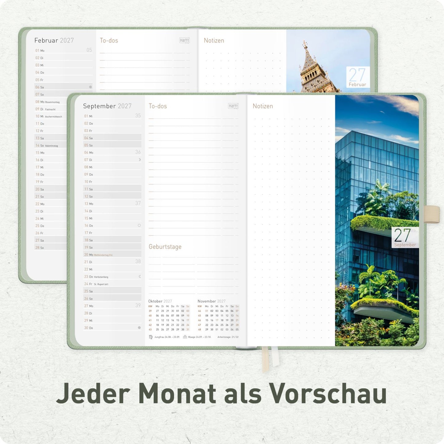 Chäff-Timer Deluxe 2026/2027 / 17 Monate / A5 / Salbei / Häfft-Verlag