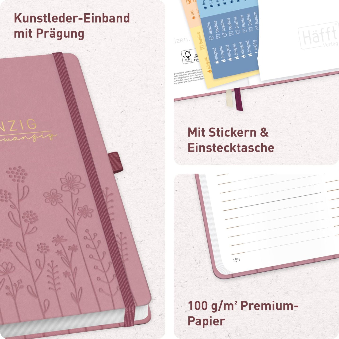 Chäff-Timer Premium 2026/2027 / 17 Monate / A5 / Fine Flowers rosé / KL / Häfft-Verlag