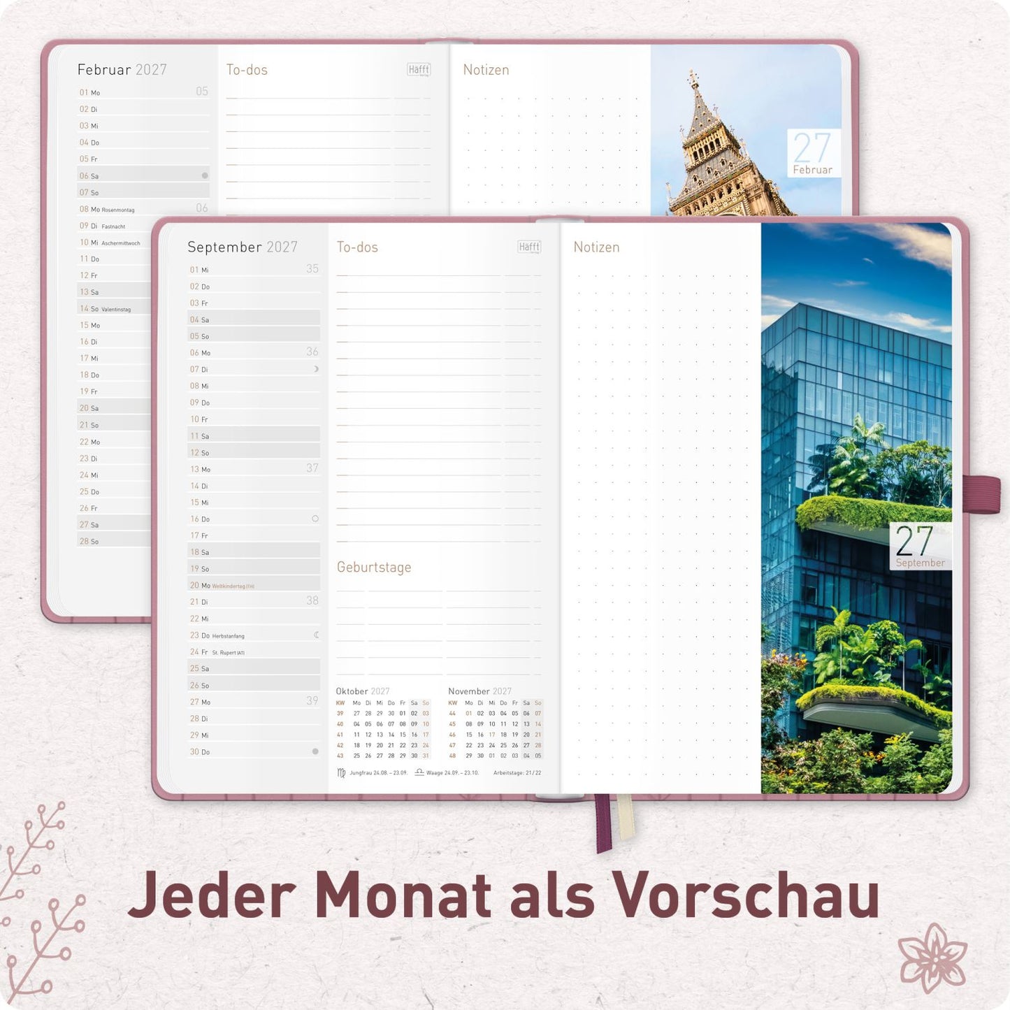 Chäff-Timer Premium 2026/2027 / 17 Monate / A5 / Fine Flowers rosé / KL / Häfft-Verlag