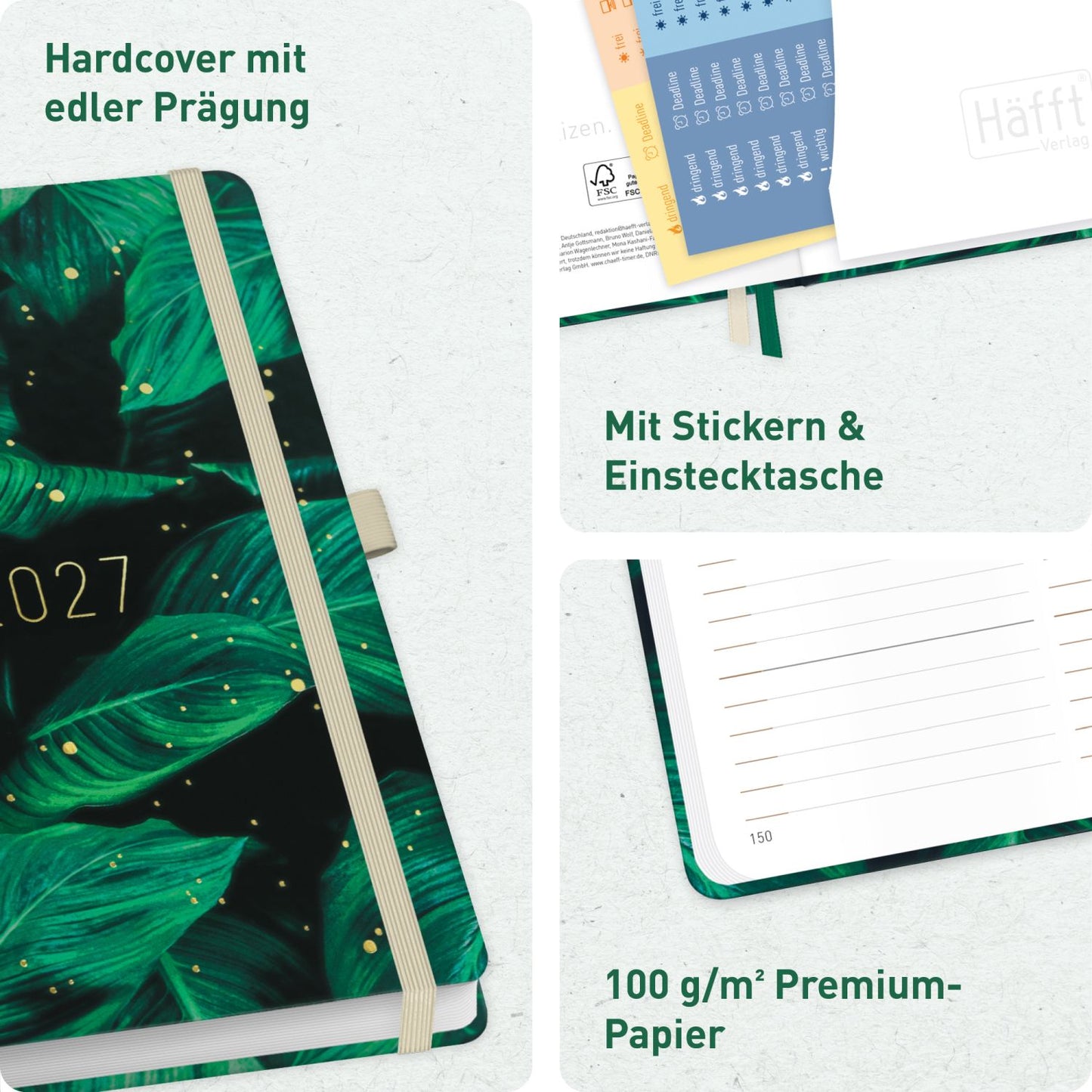 Chäff-Timer Premium 2026/2027 / 17 Monate / A5 / Green Leaves / Häfft-Verlag
