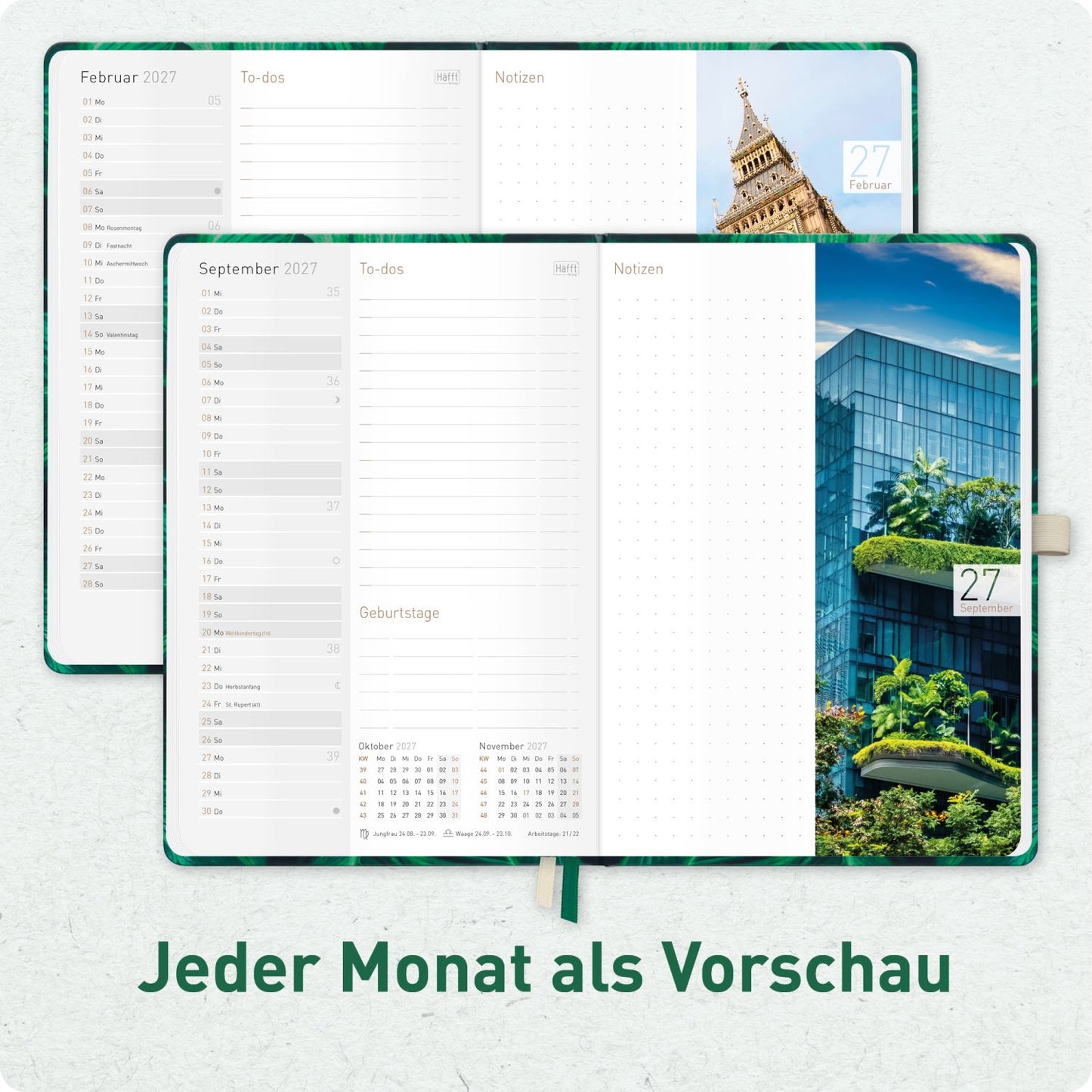 Chäff-Timer Premium 2026/2027 / 17 Monate / A5 / Green Leaves / Häfft-Verlag