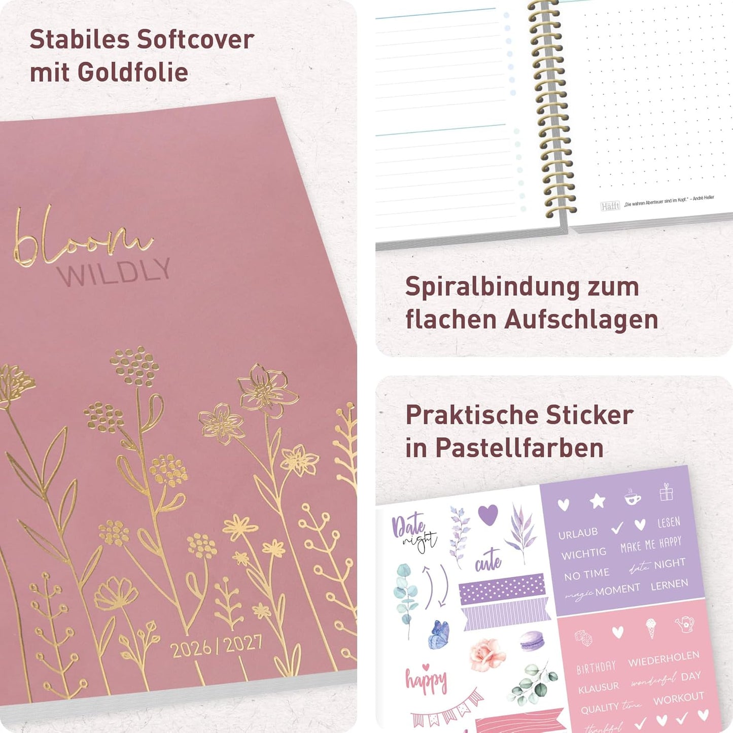 Häfft College-Timer - Schülerkalender 2026/2027 / A5 / Fine Flowers rosé / Häfft-Verlag