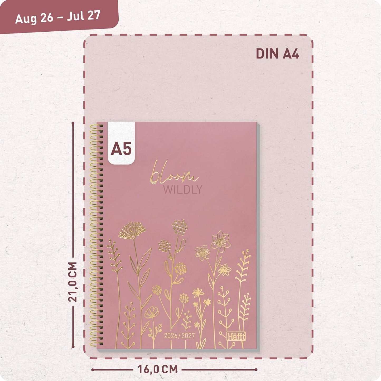Häfft College-Timer - Schülerkalender 2026/2027 / A5 / Fine Flowers rosé / Häfft-Verlag