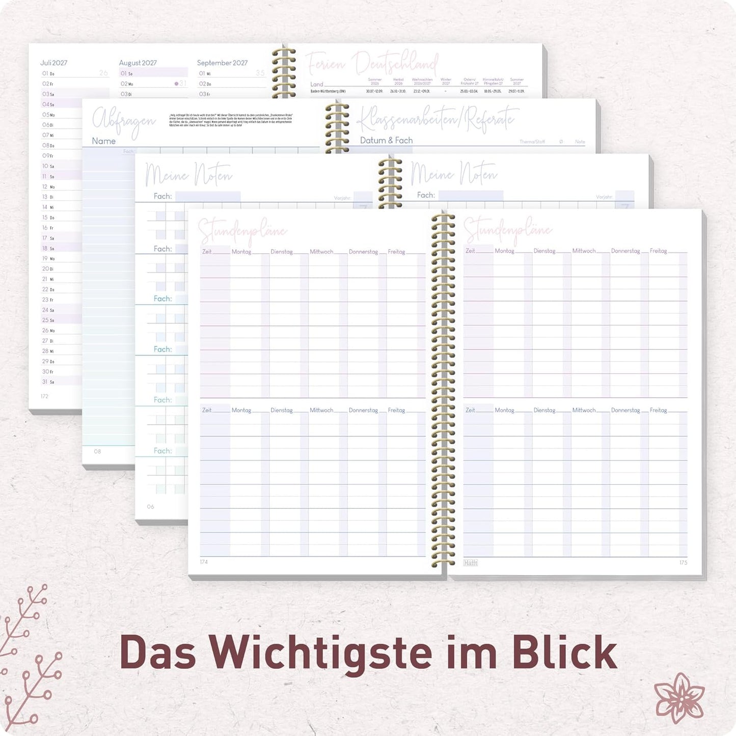 Häfft College-Timer - Schülerkalender 2026/2027 / A5 / Fine Flowers rosé / Häfft-Verlag