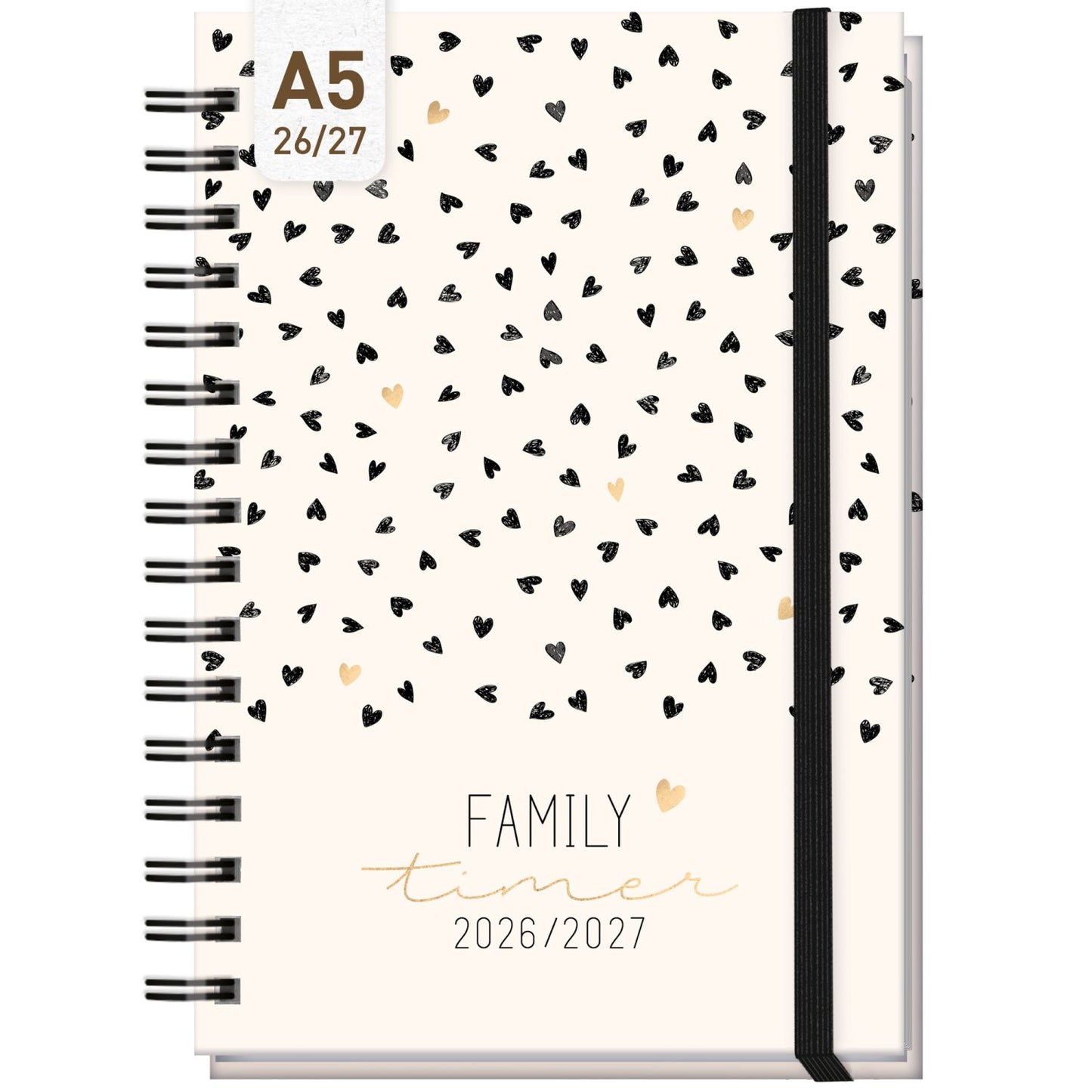 Family-Timer 2026/2027 / 17 Monate / A5 / Golden Hearts / Häfft-Verlag